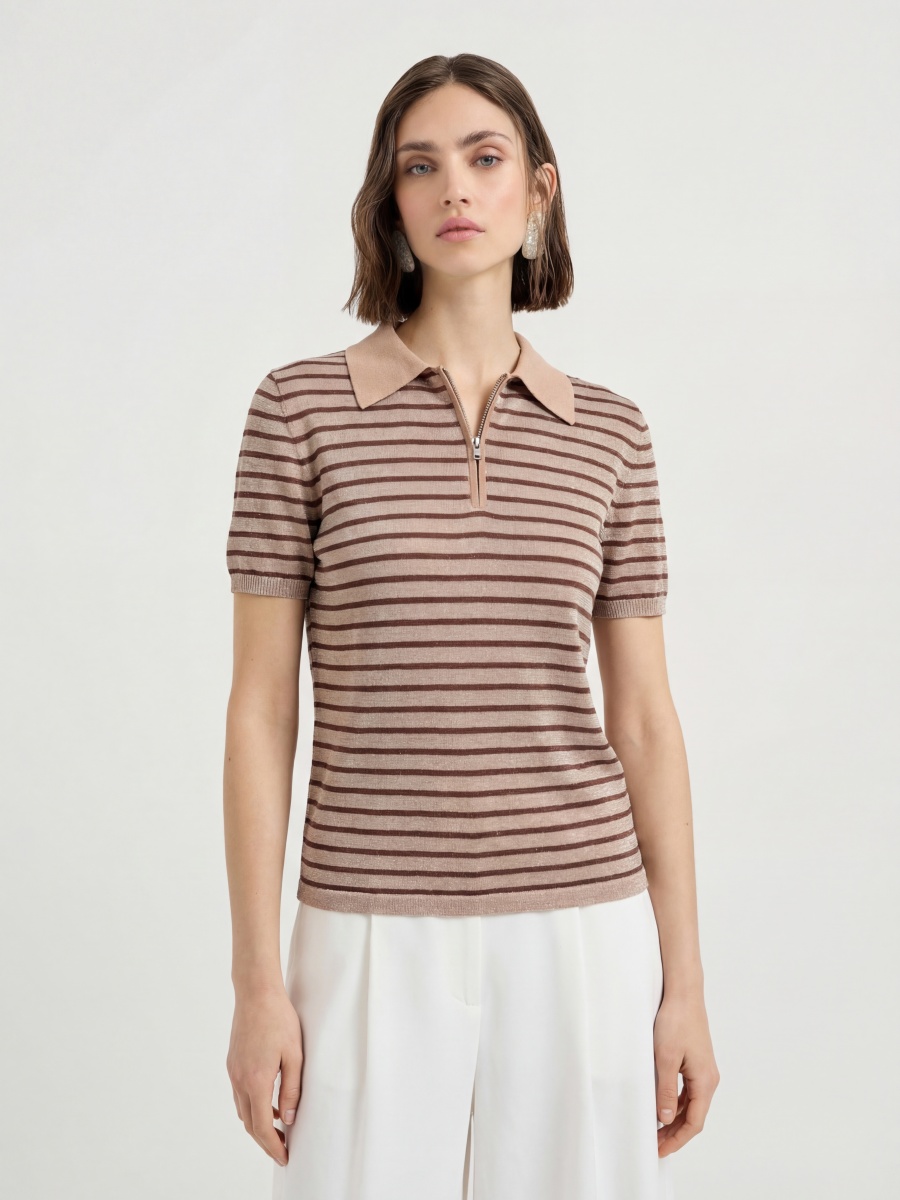 Slik Short Sleeve Stripe Zip up Knit Polo Top