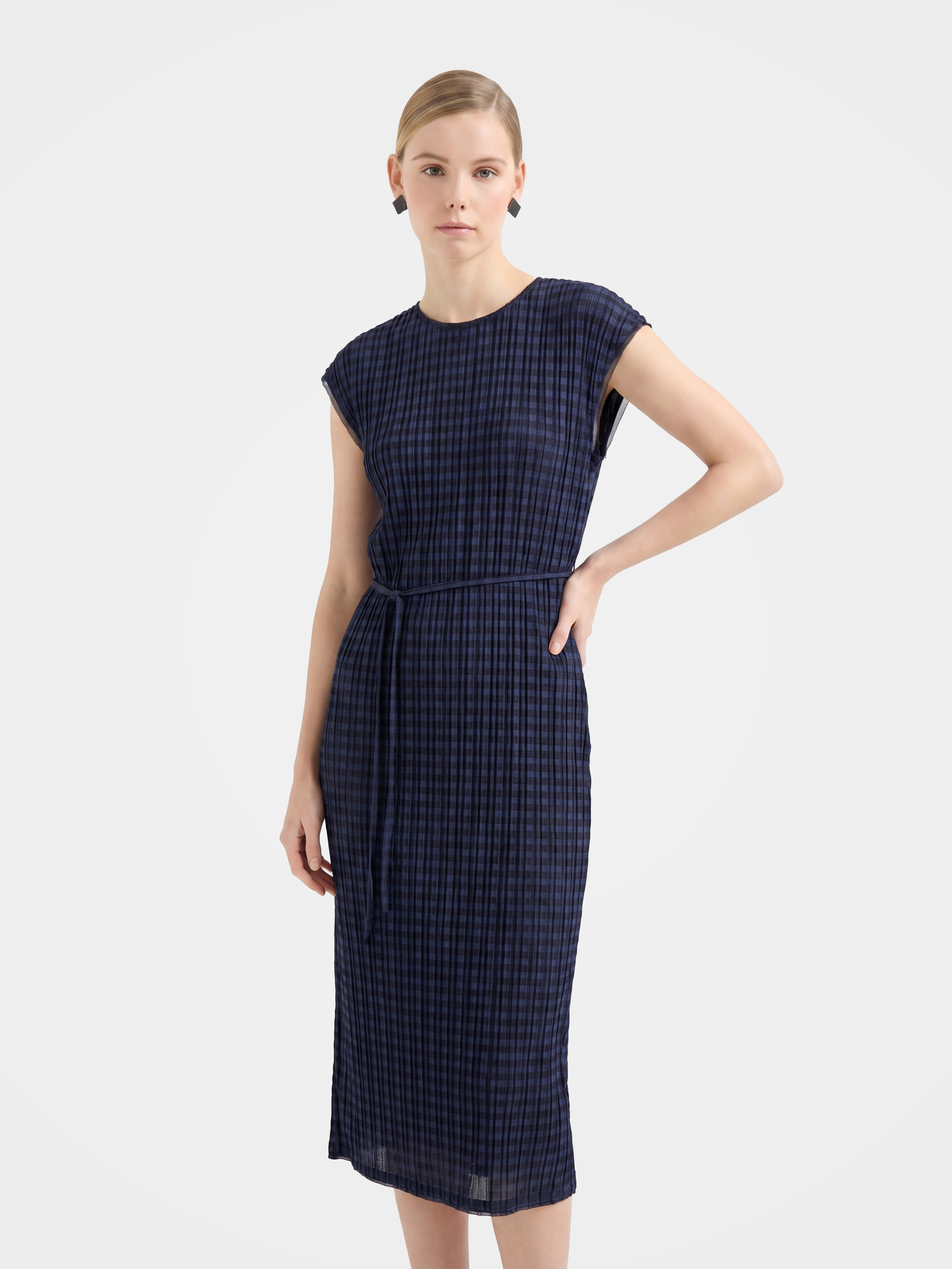 Textured Mulberry Silk Blend Short Sleeve Midi Dress