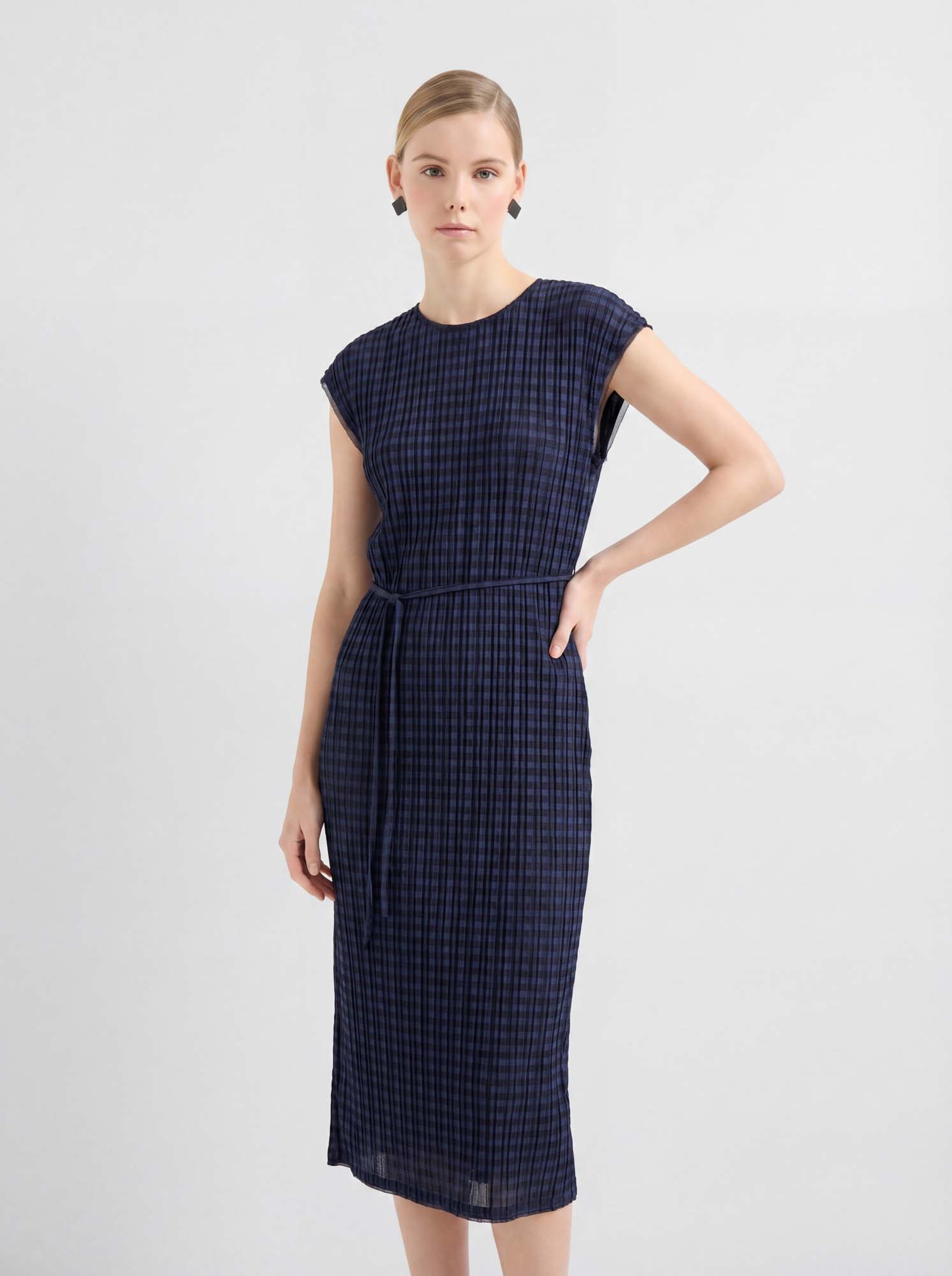 Navy Plaid Pleated Sleeveless Tie Midi Dress