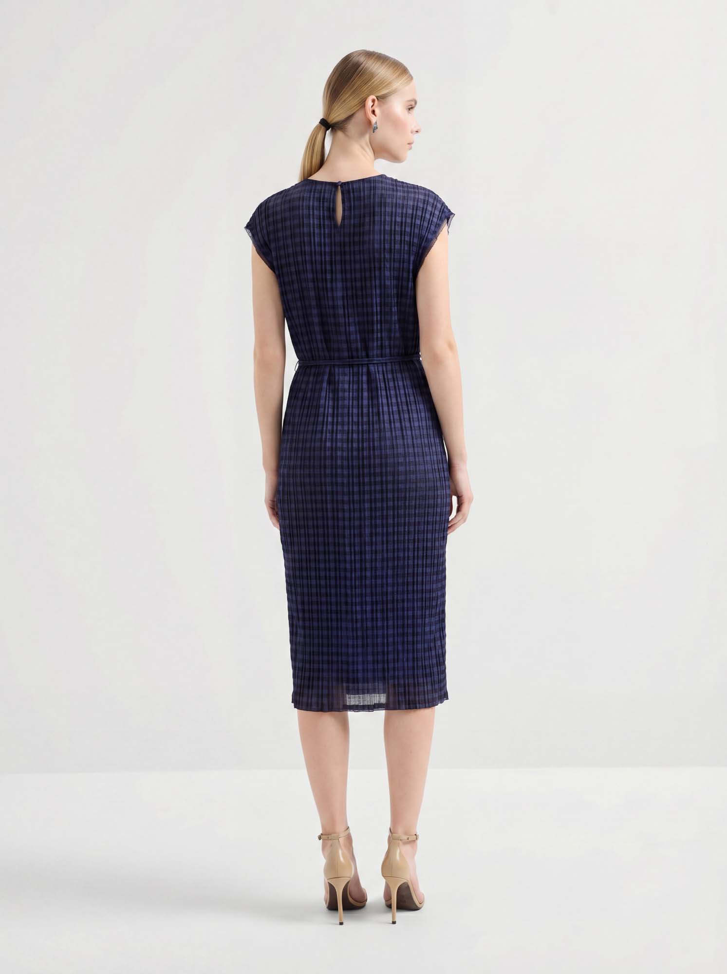 Navy Plaid Pleated Sleeveless Tie Midi Dress