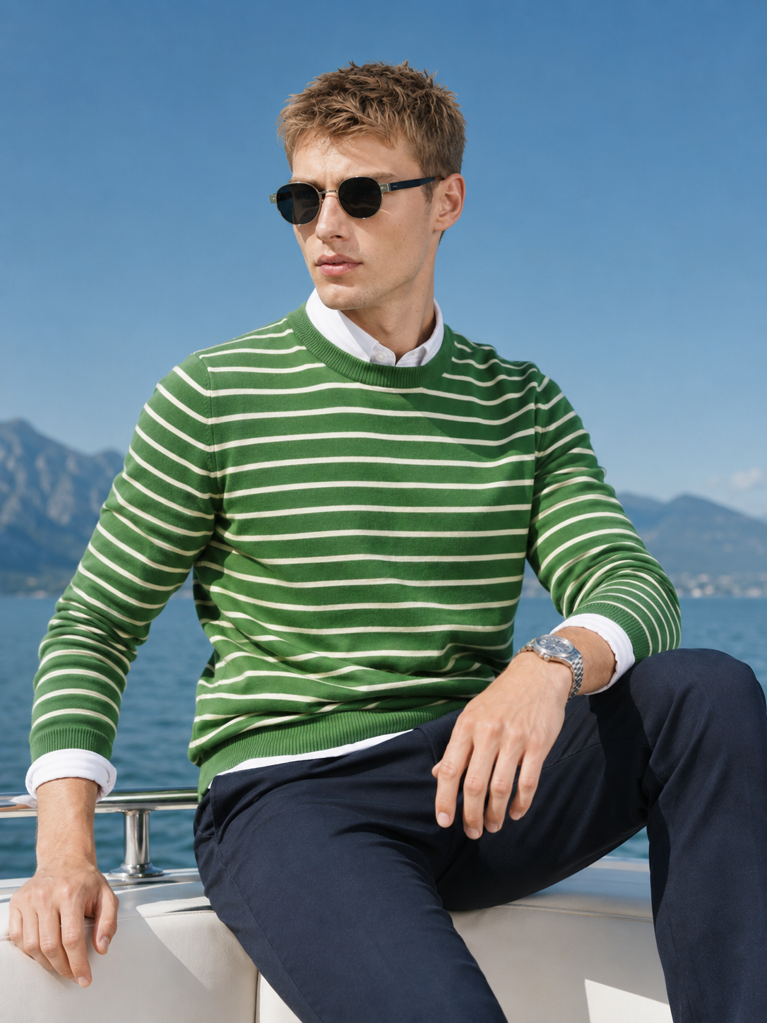 Pre-Order | Men's 100% Cashmere Striped Crew Neck Sweater with Timeless Style (10-14 Business Days)