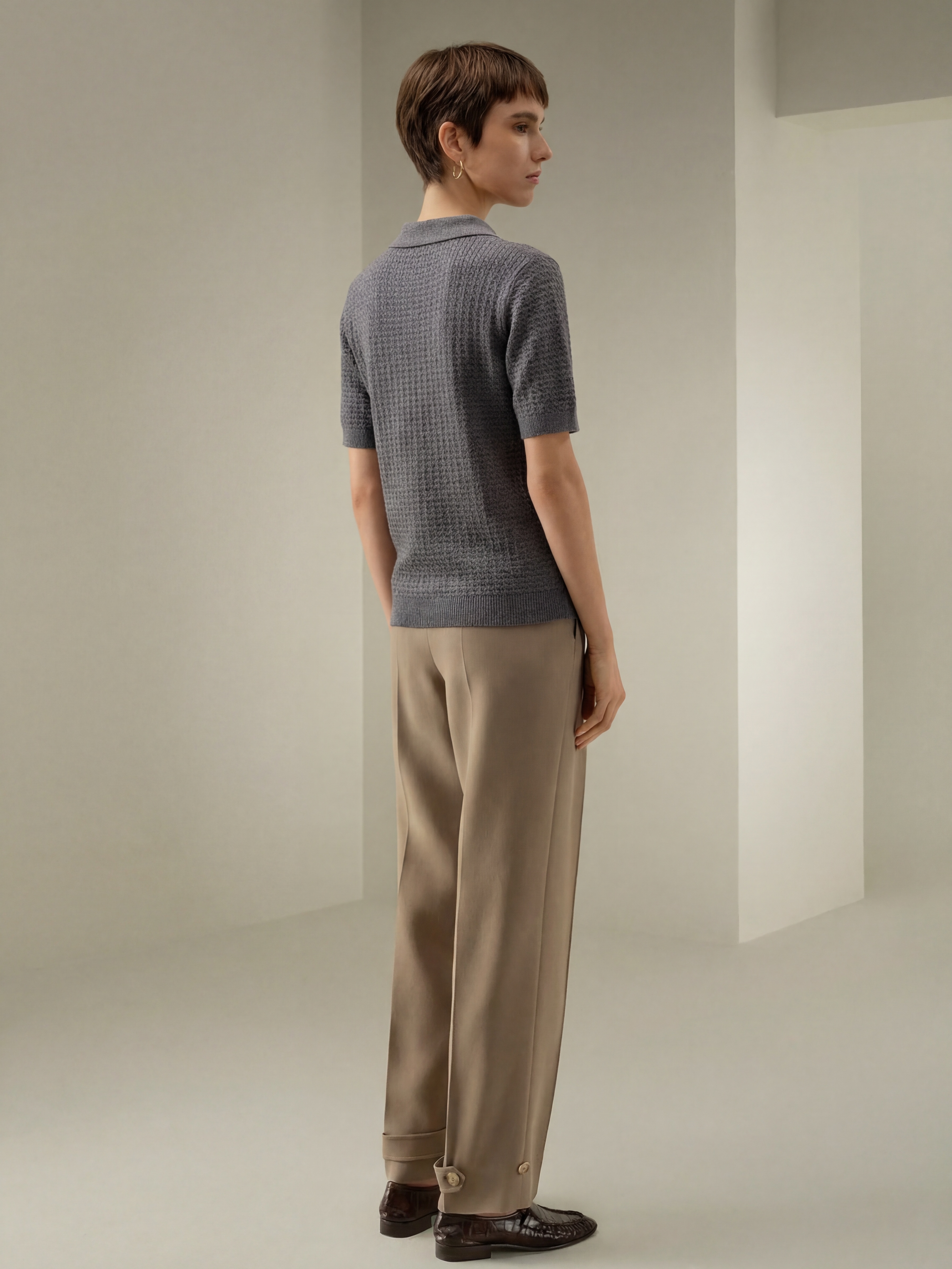 Wool Short Sleeve Knit Polo Top