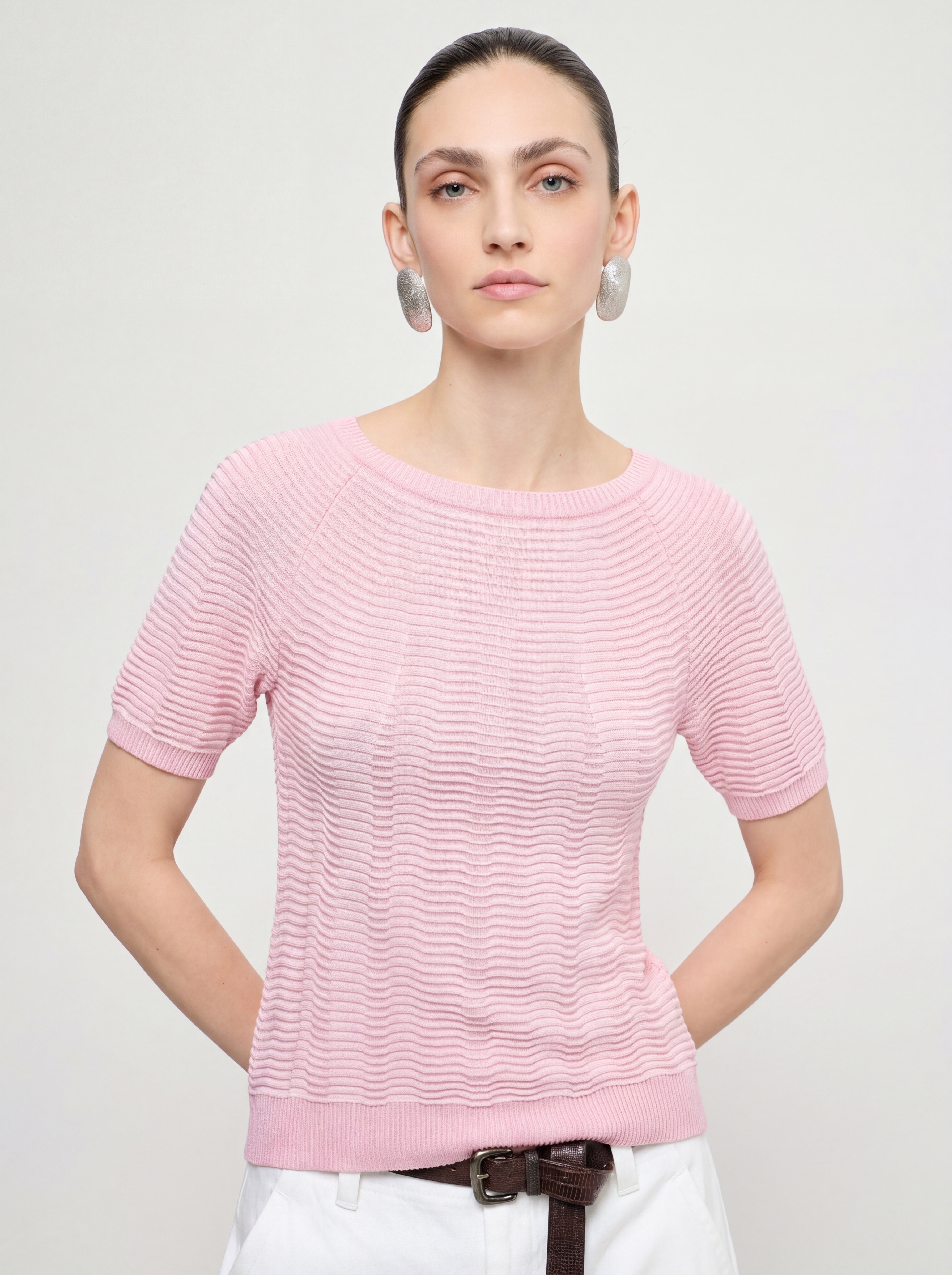 Pink Tencel Short Sleeve Knit Sweater