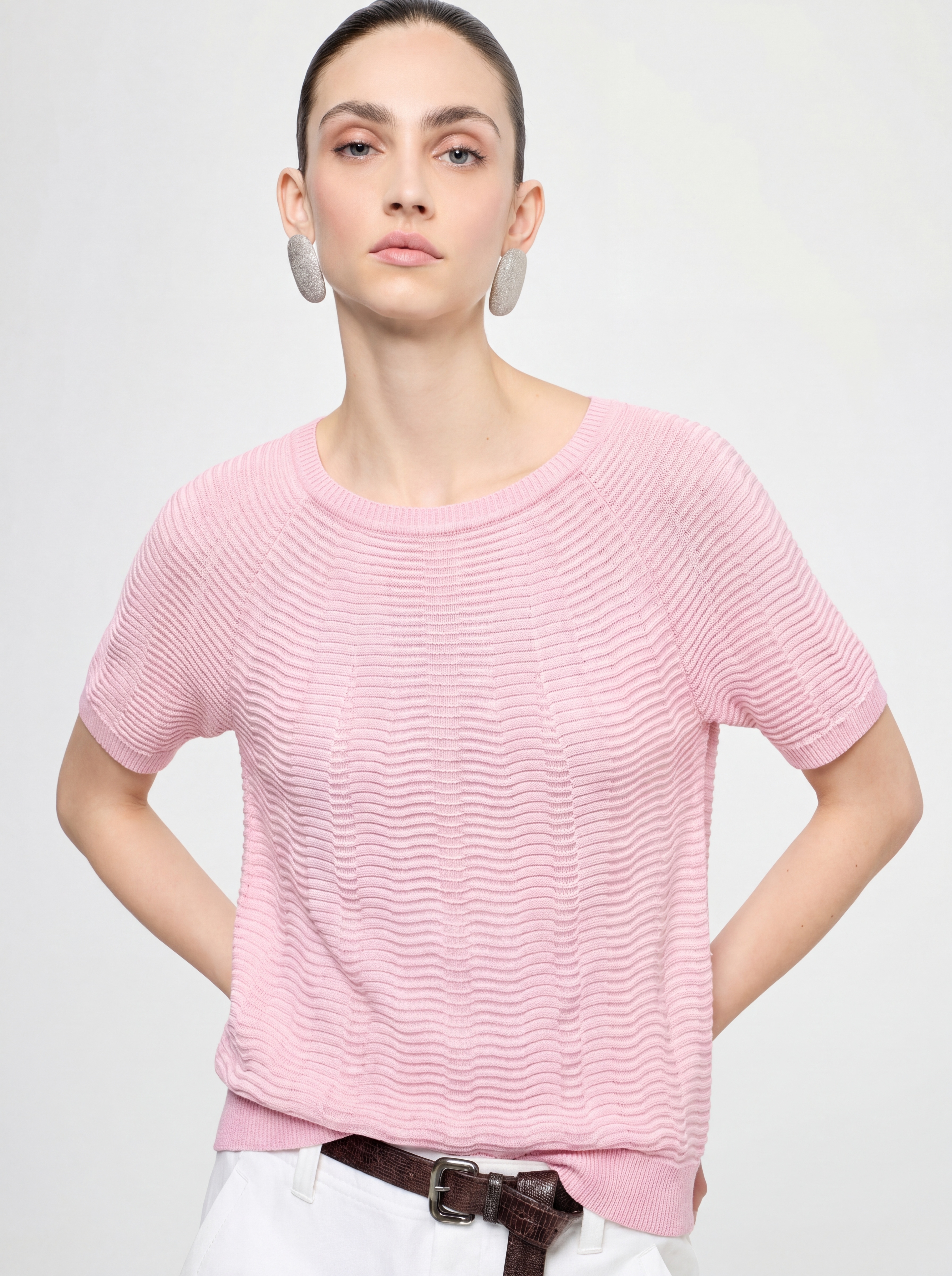 Pink Tencel Short Sleeve Knit Sweater Women Soft Fit Top