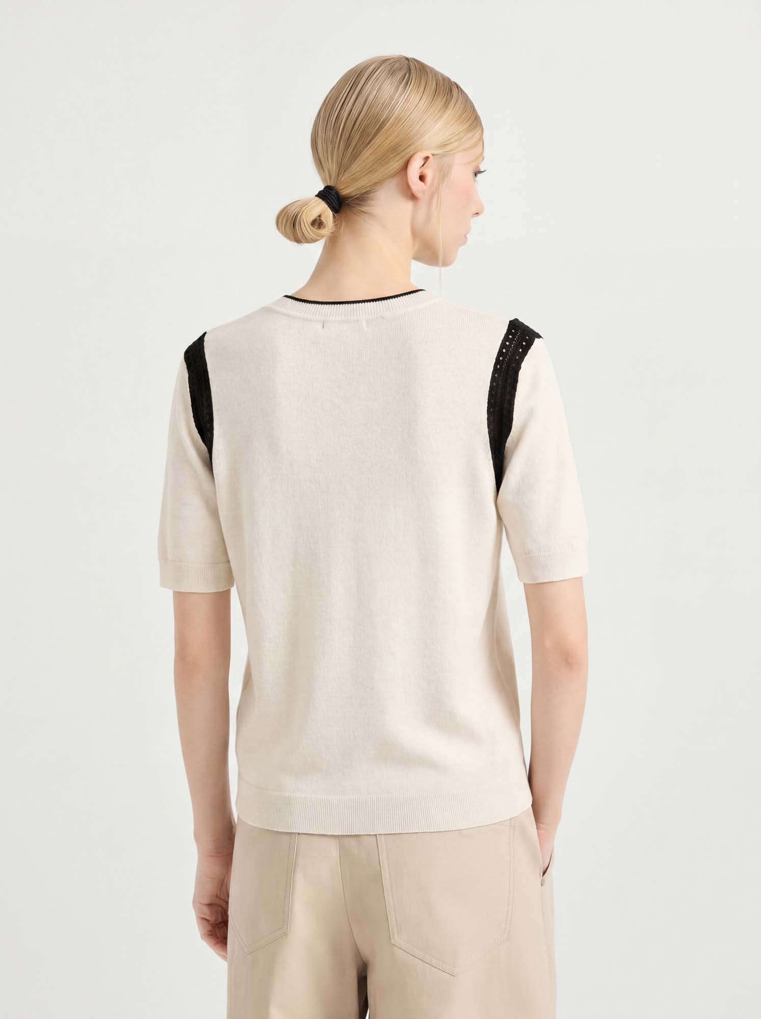 Beige Wool-Silk Knit Sweater with Hollow Out Shoulders