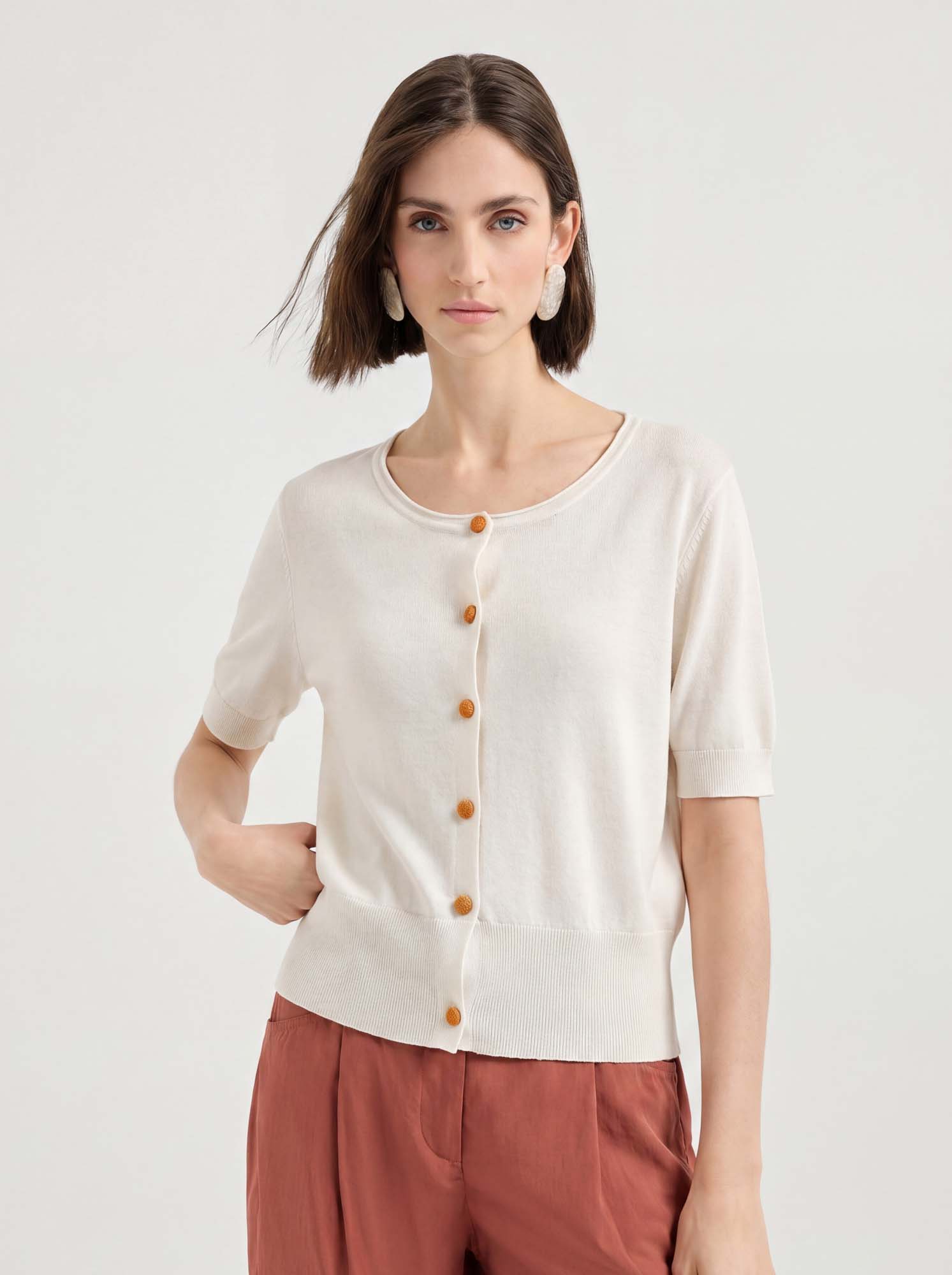 Beige Crew Neck Short Sleeve Wool-Silk Knit Cardigan
