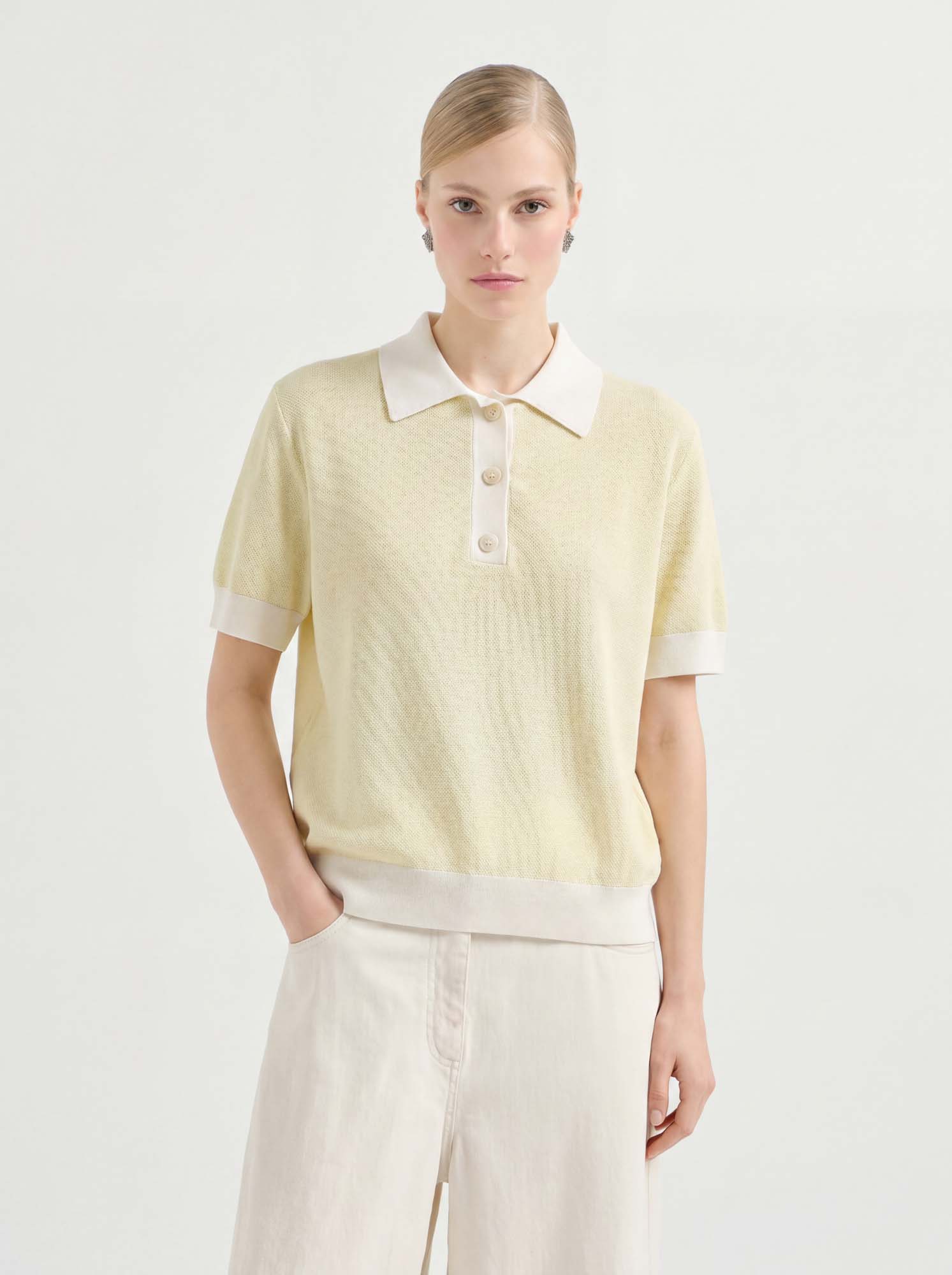 Yellow Cotton Knit Polo Sweater