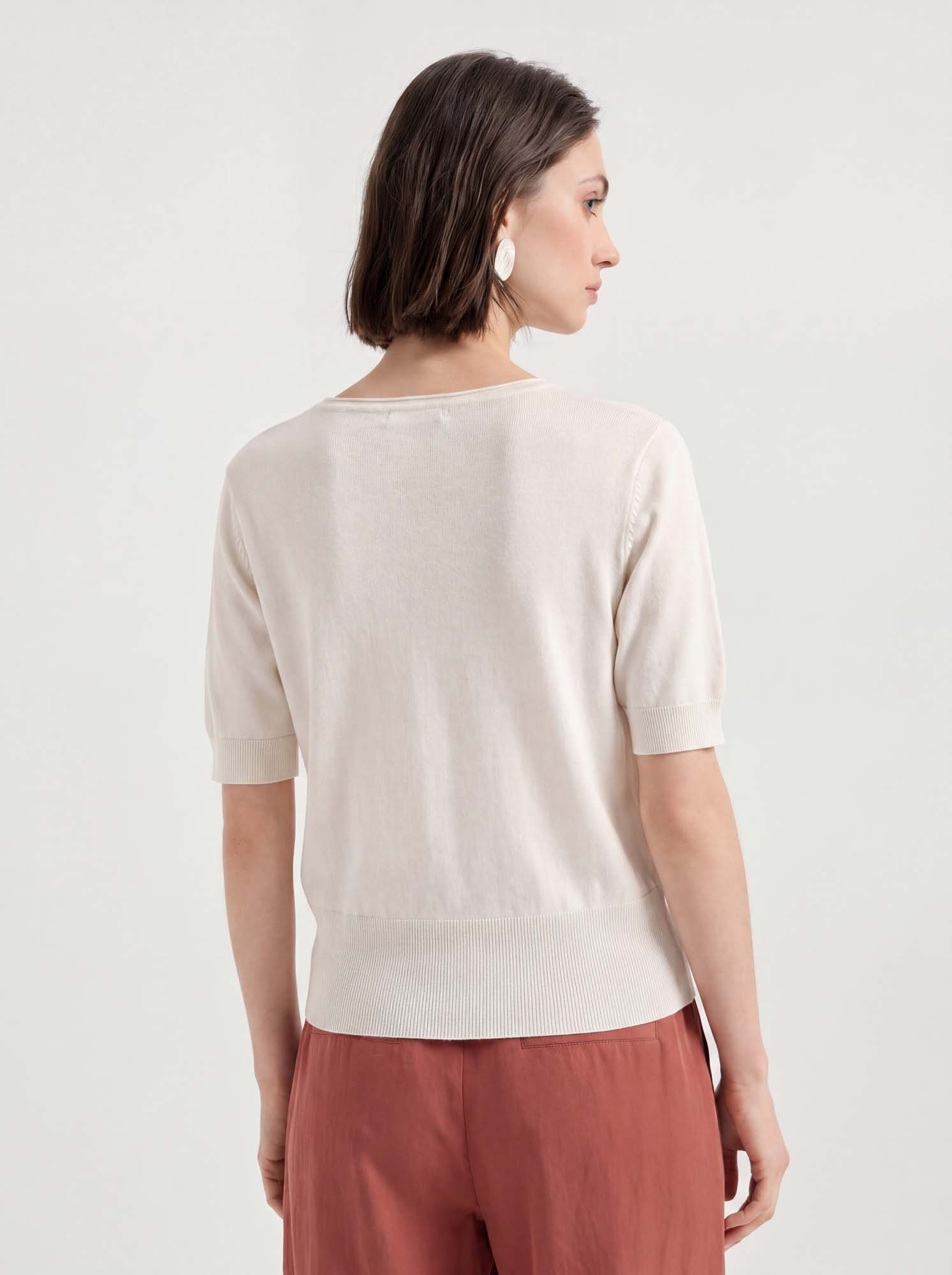Beige Wool-Silk Short Sleeve Knit Cardigan
