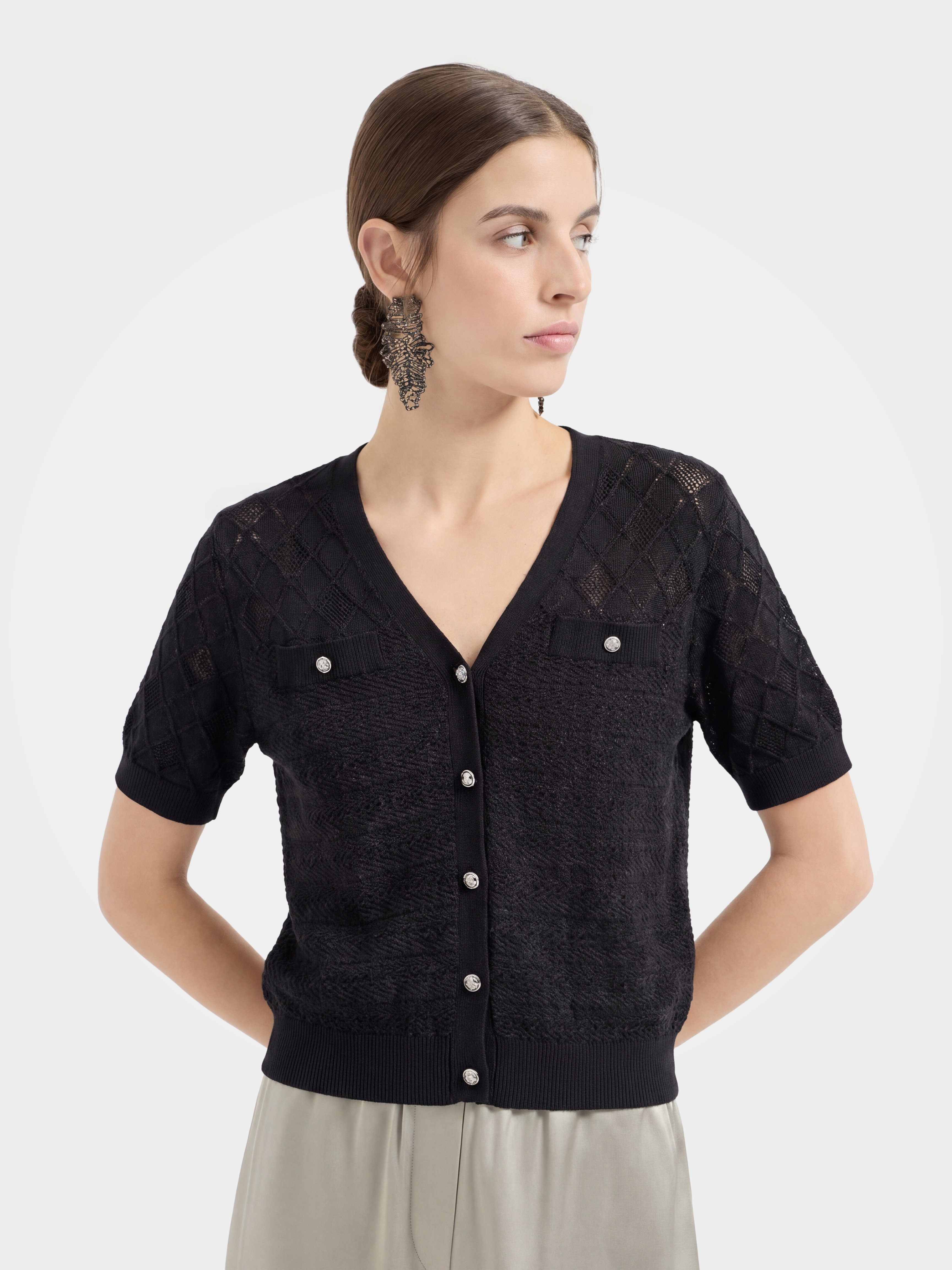 Black Tencel Short Sleeve Knit Top
