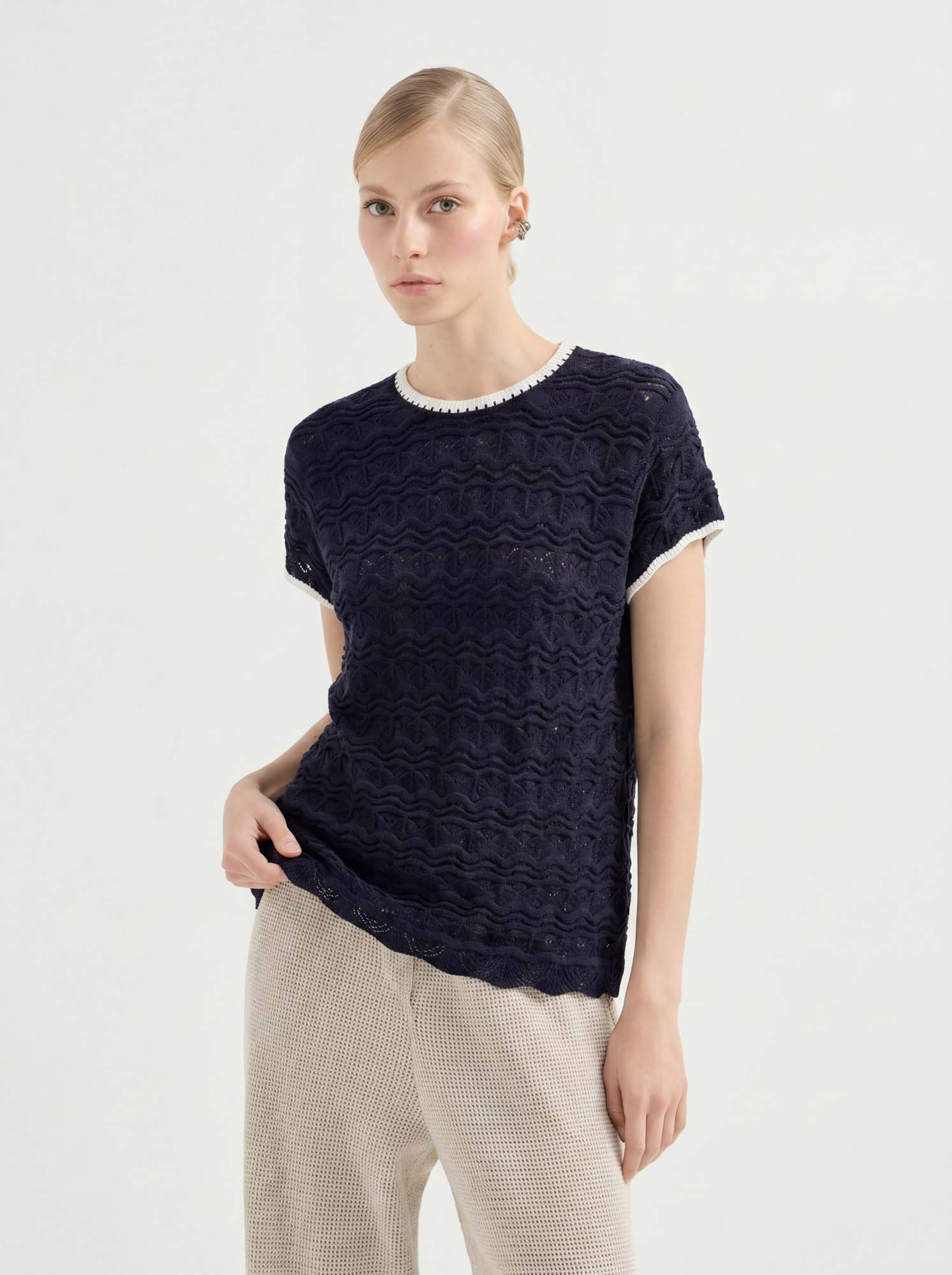Linen Cotton Jacquard Knit Top – Lightweight Summer Tee