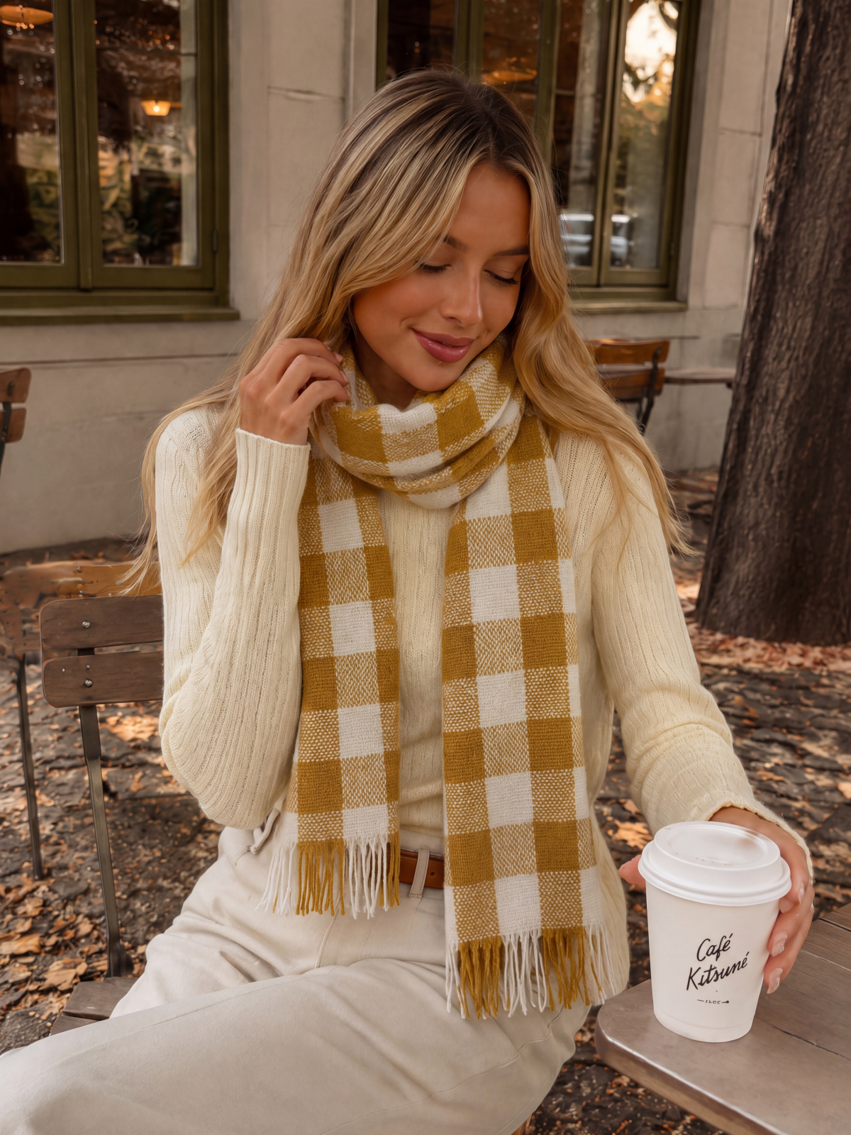 100% Cashmere Plaid Fringe Long Scarf