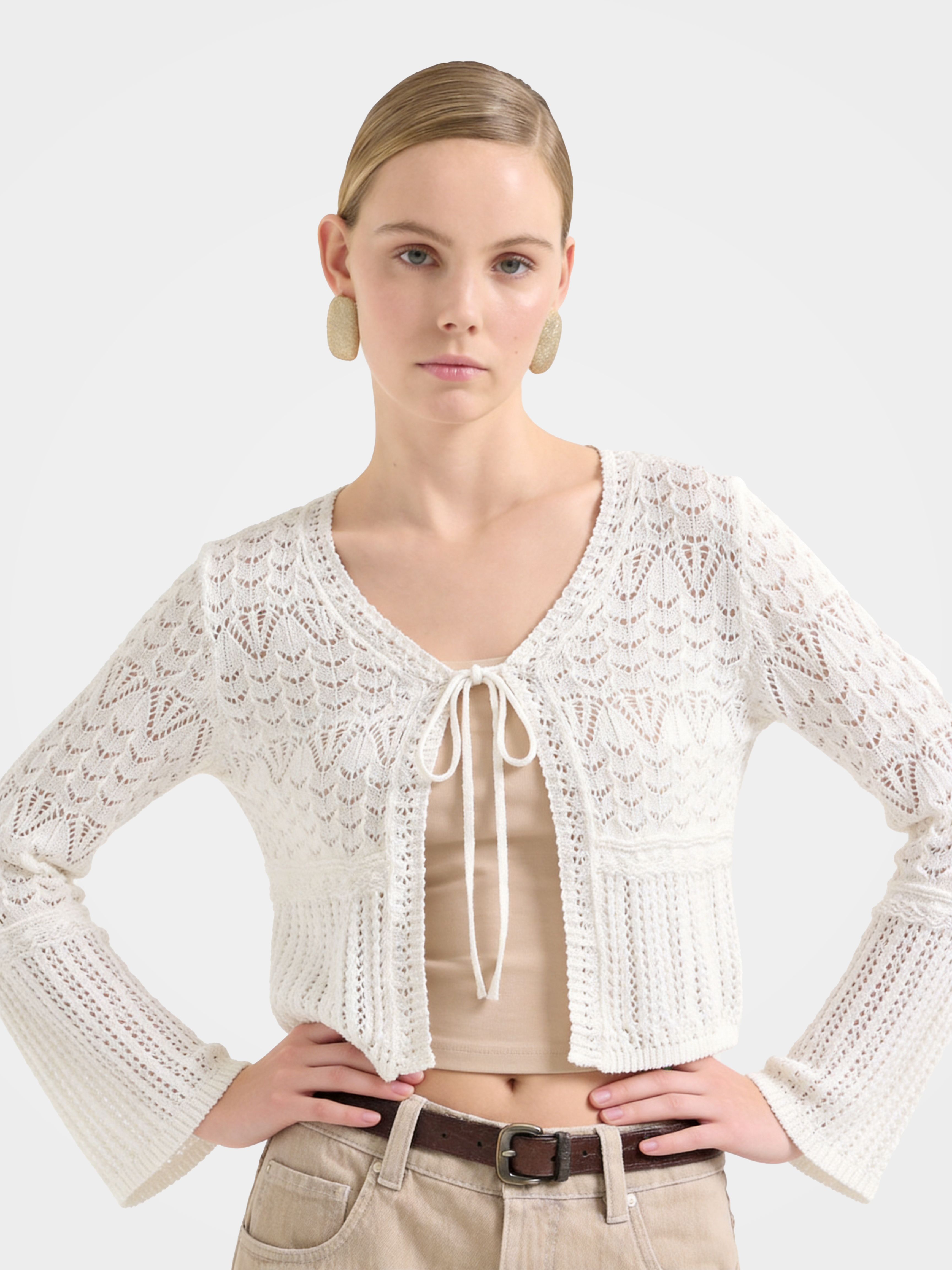 White Cotton Hollow Out Knit Cardigan