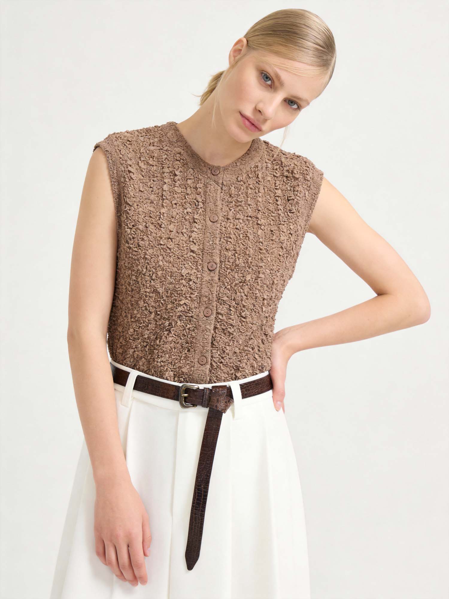 Brown Silk Crinkled Knit Cardigan