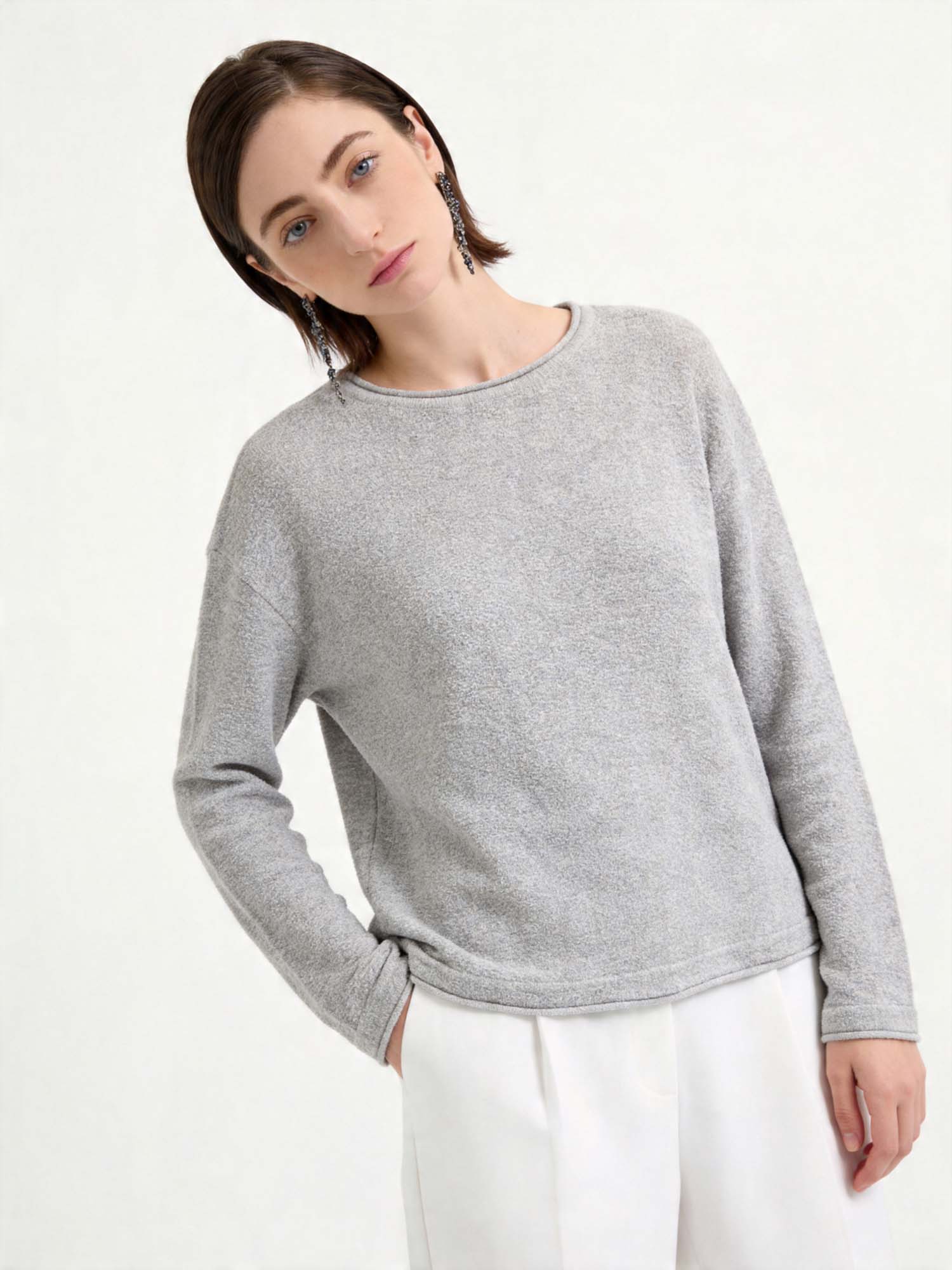 Gray Sheer Rolled-Edge Knit Sweater