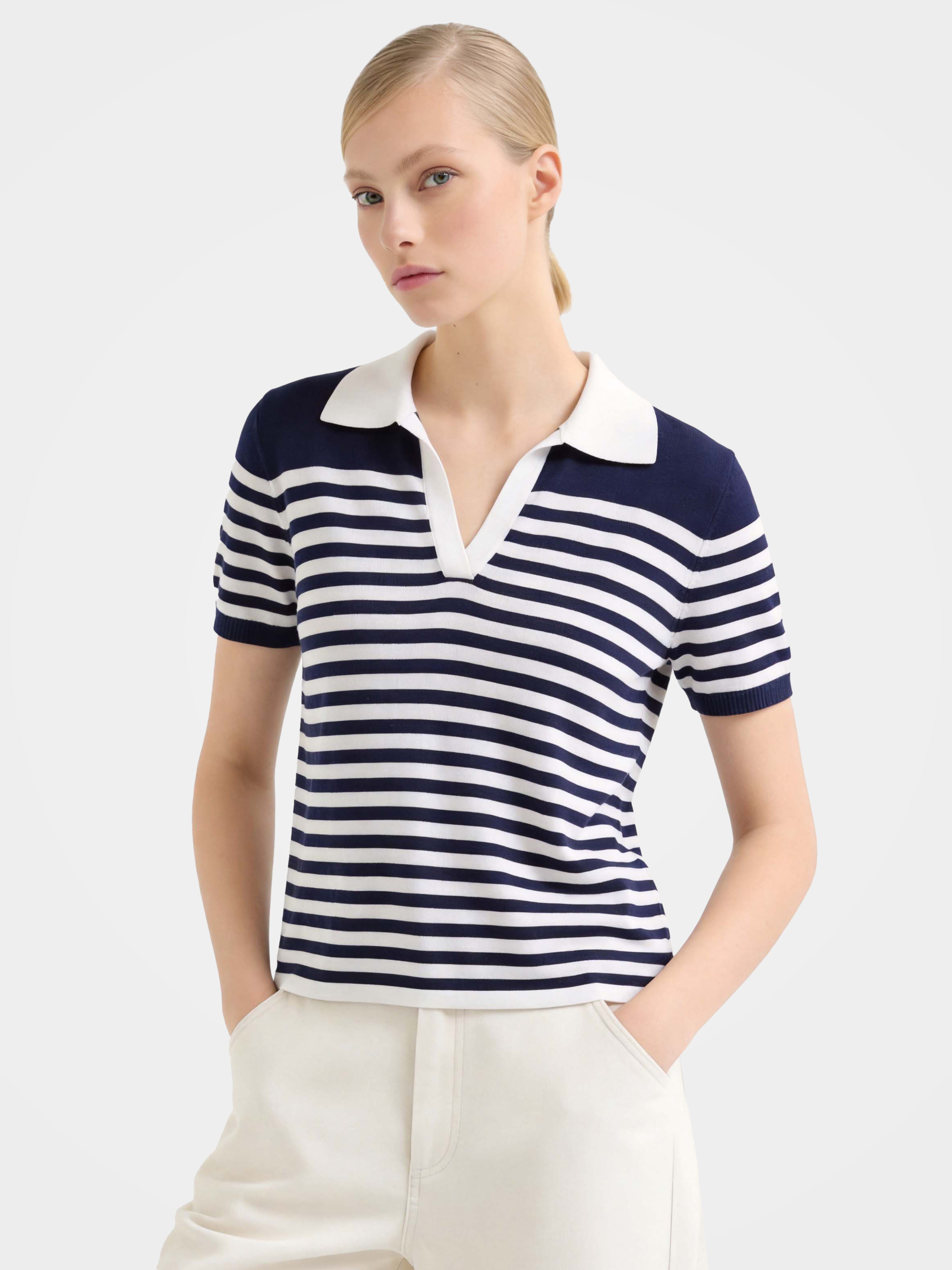 Navy Tencel Short Sleeve Stripe Knit Polo Sweater