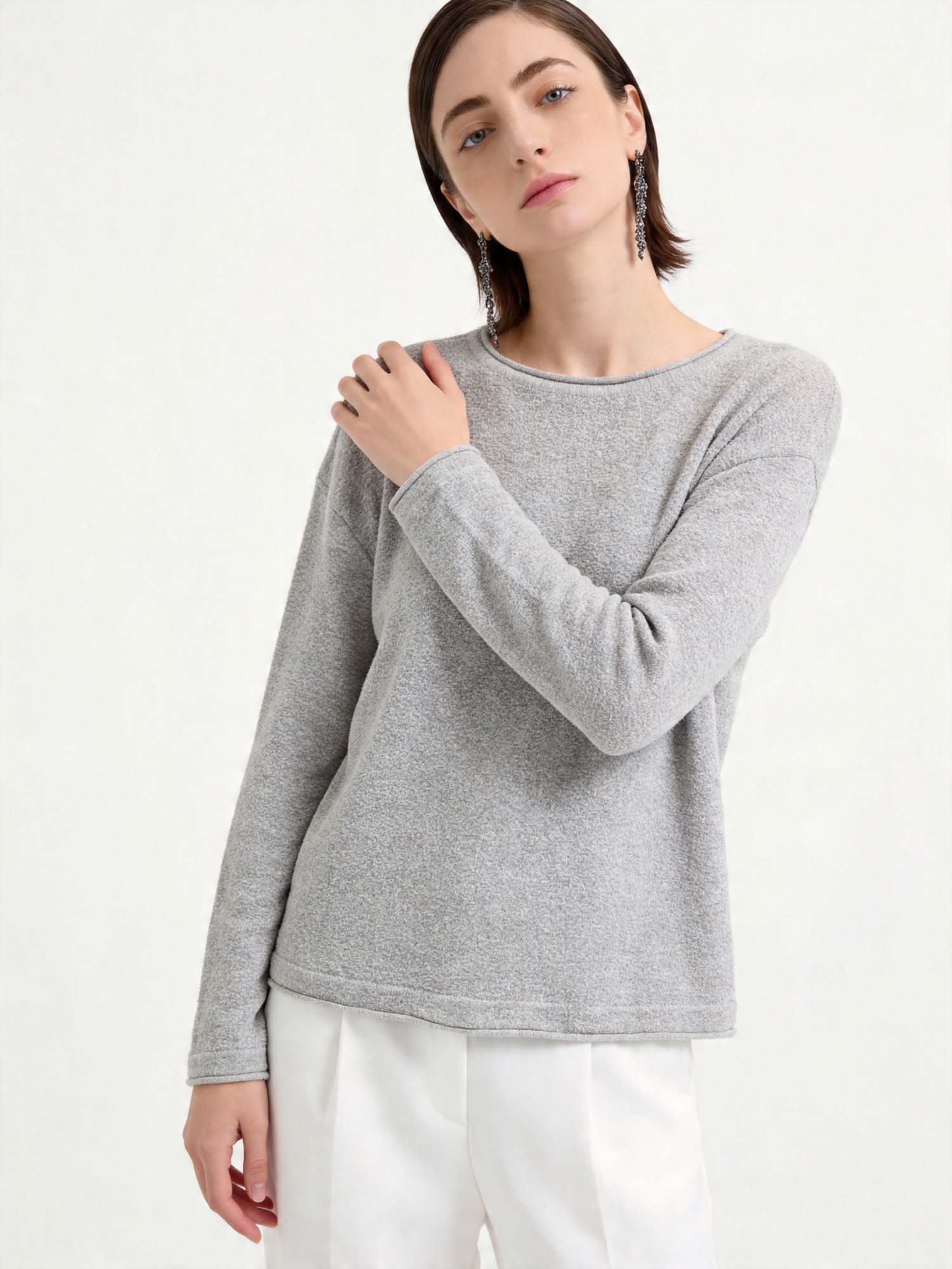 Gray Sheer Rolled-Edge Knit Sweater