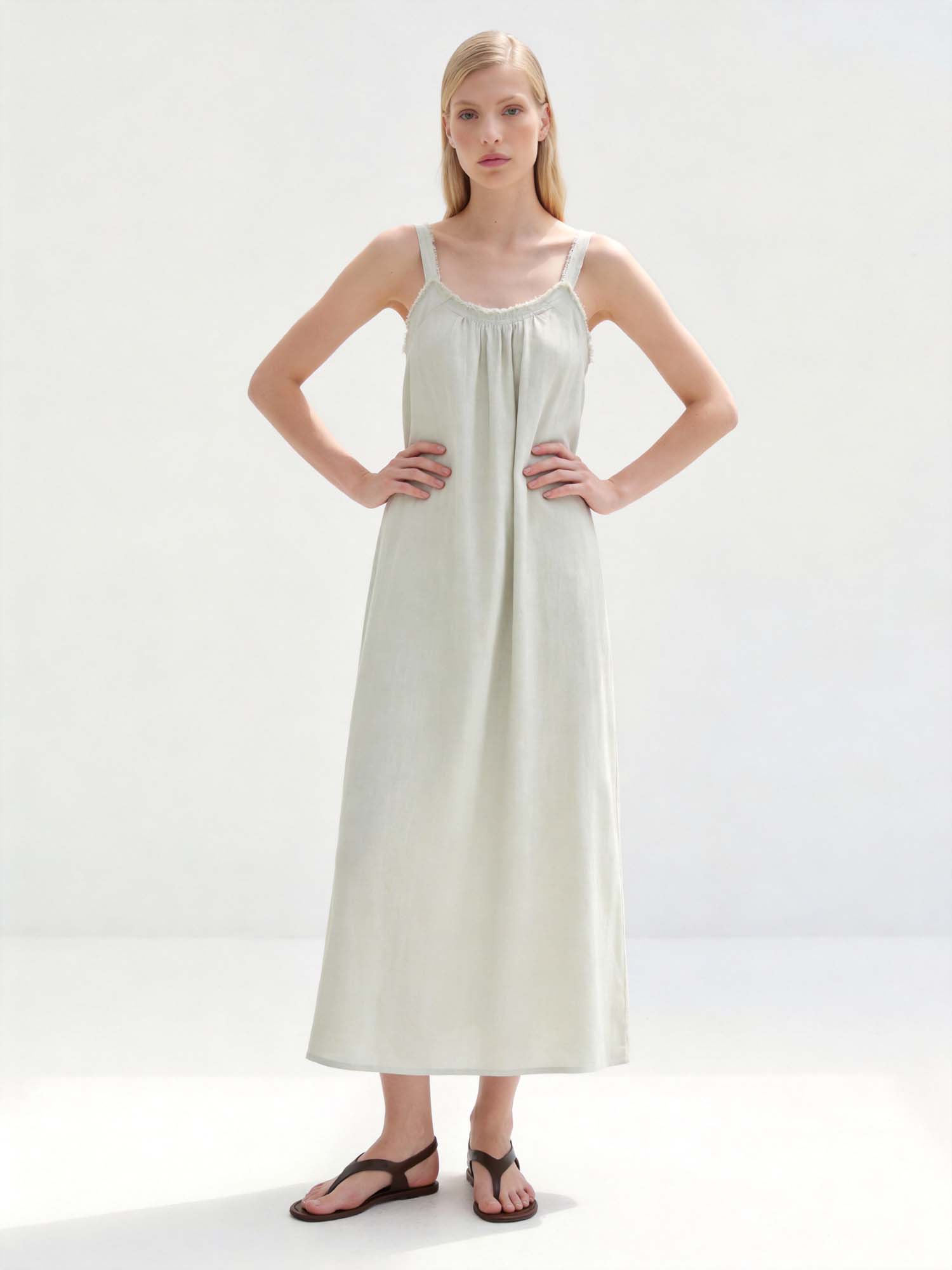 Lyocell Linen Square Neck Midi Dress – Wide Strap Slip Dress