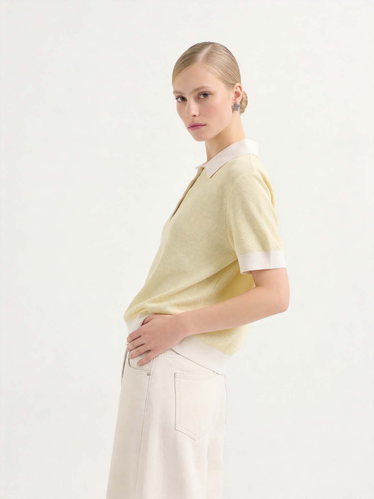 Yellow Cotton Knit Polo Sweater