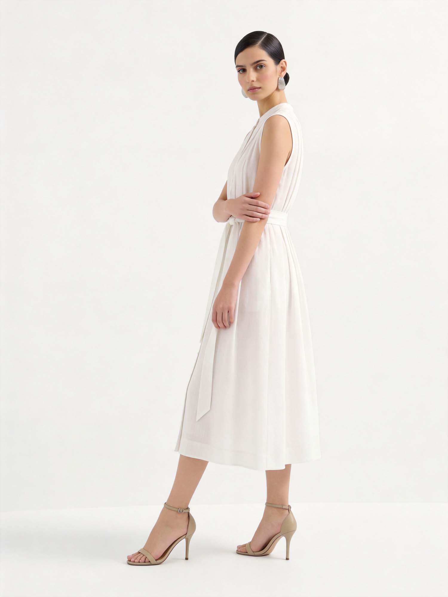 White Pleated Linen Tie-Waist Dress