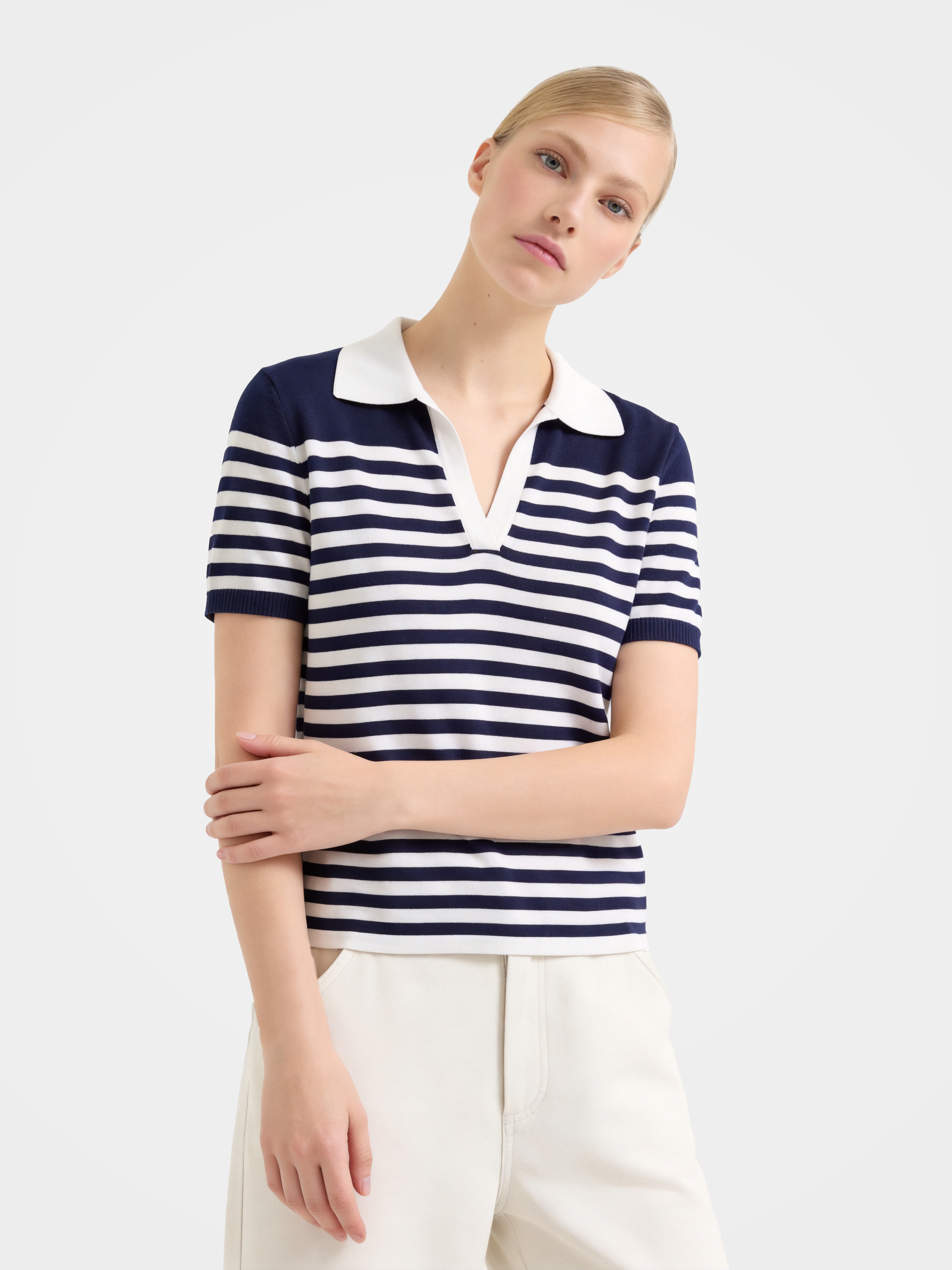 Navy Tencel Short Sleeve Stripe Knit Polo Sweater