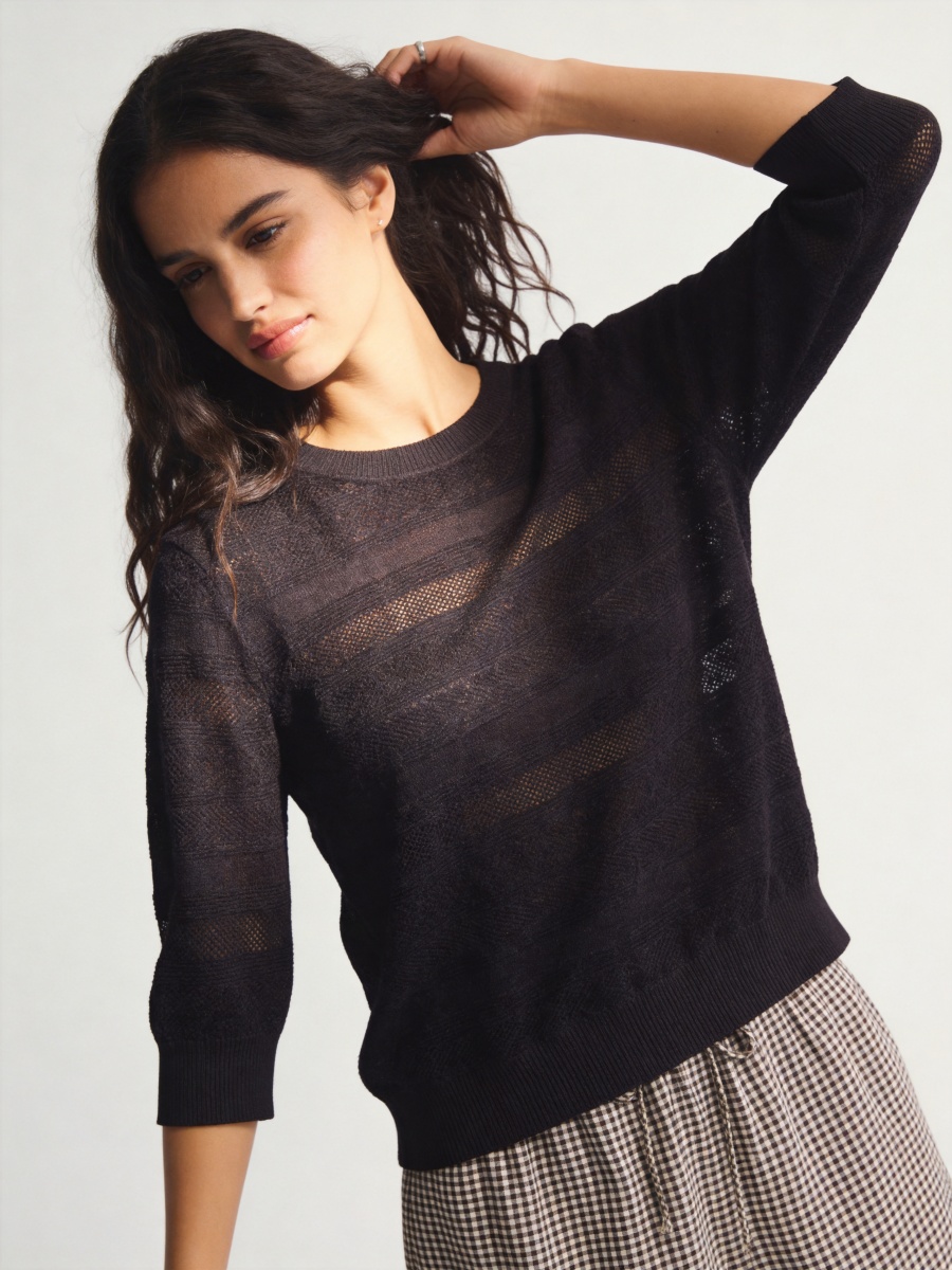 Wool Silk 3/4 Sleeve Openwork Knit Top
