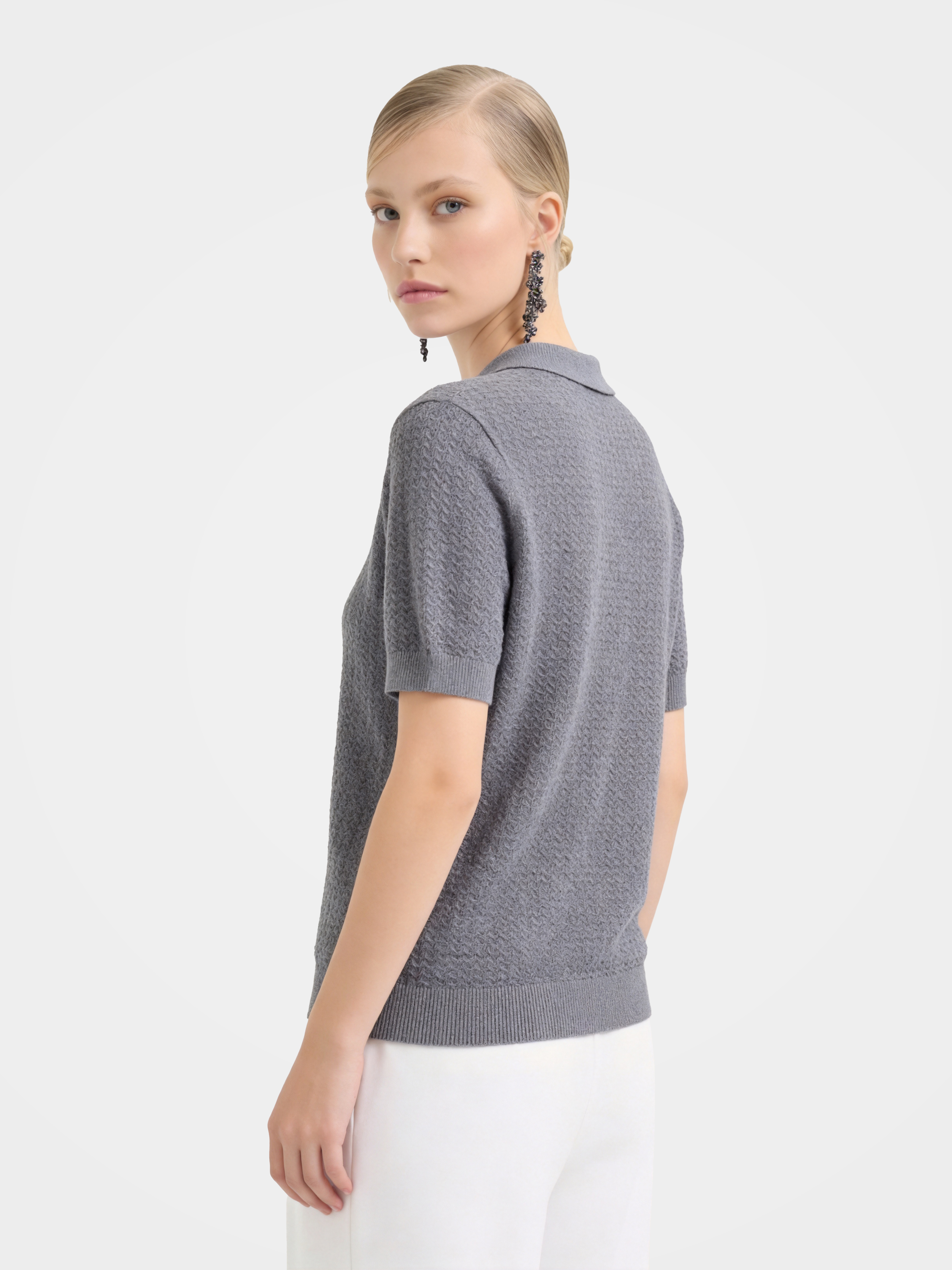 Gray Wool Short Sleeve Knit Polo Sweater