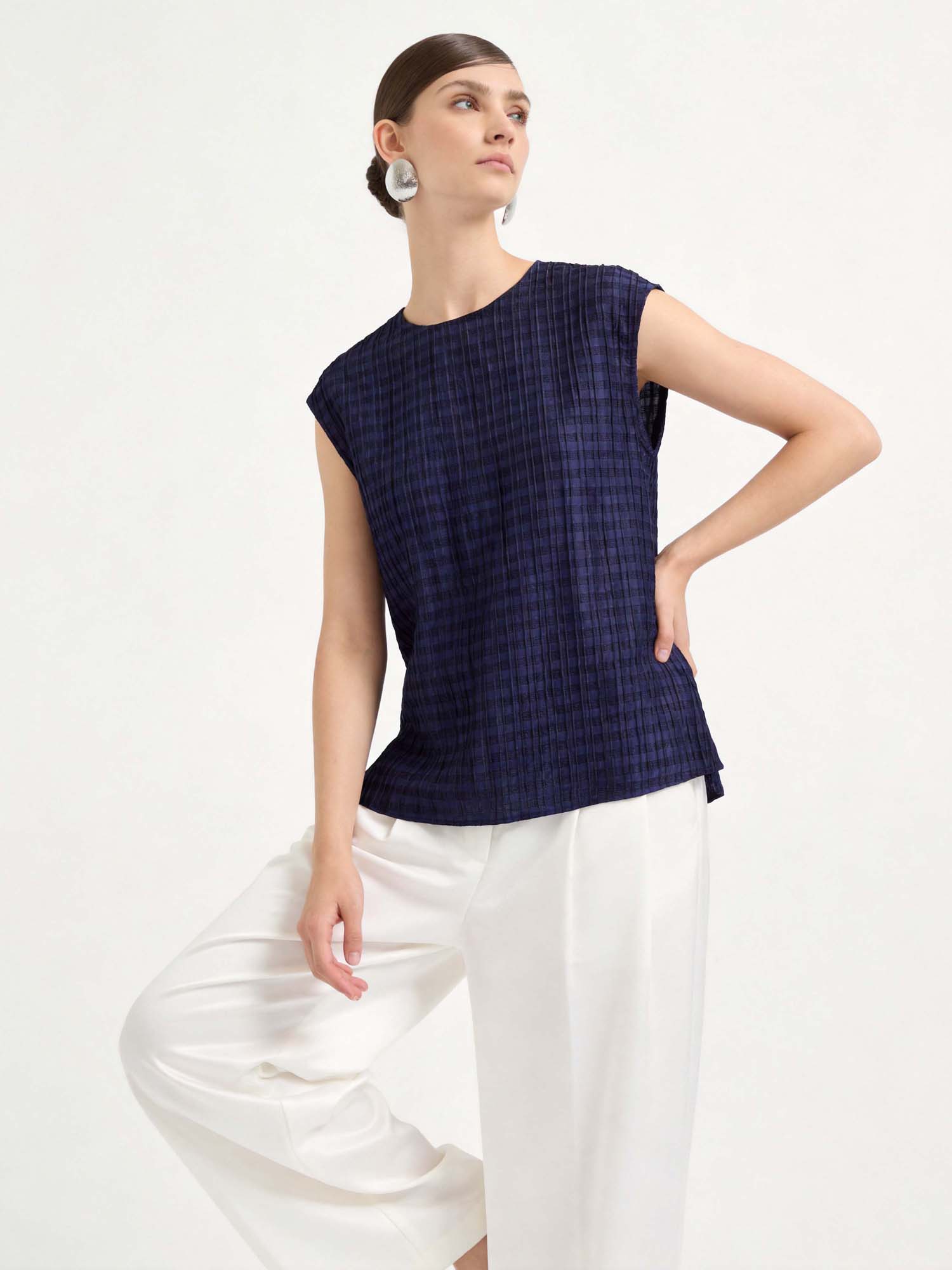 Navy Silk Cap Sleeve Plaid Top 