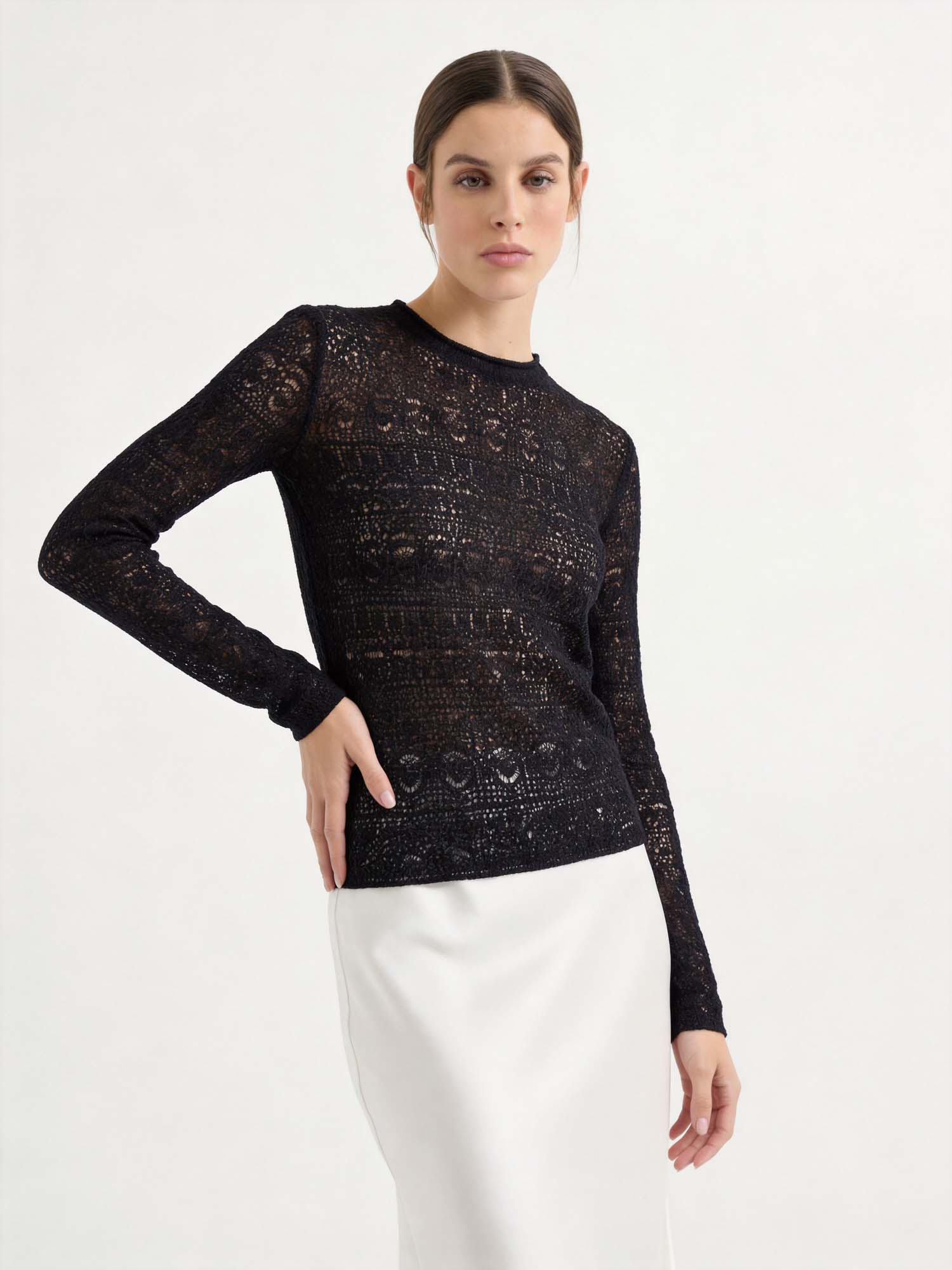 Black Wool-Silk Lace Long Sleeve Knit Sweater