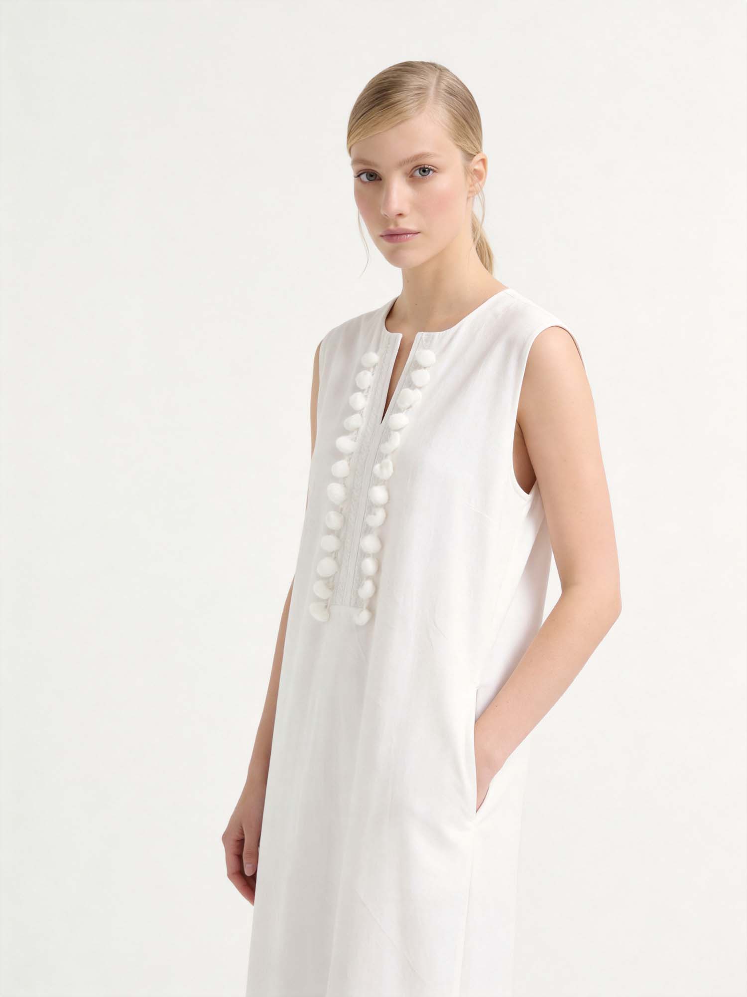 White Linen Crew Neck Maxi Tank Dress