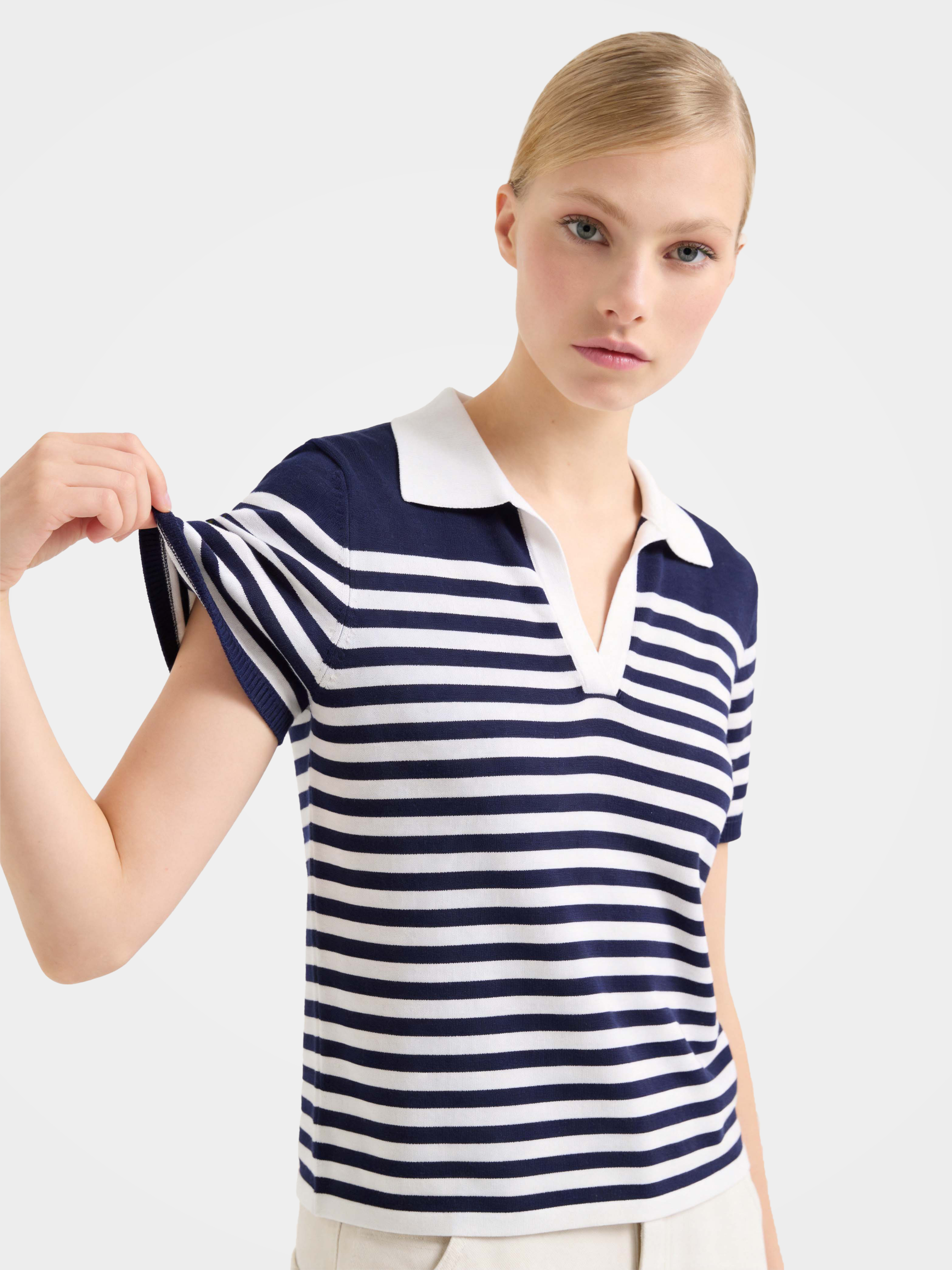 Navy Tencel Short Sleeve Stripe Knit Polo Sweater