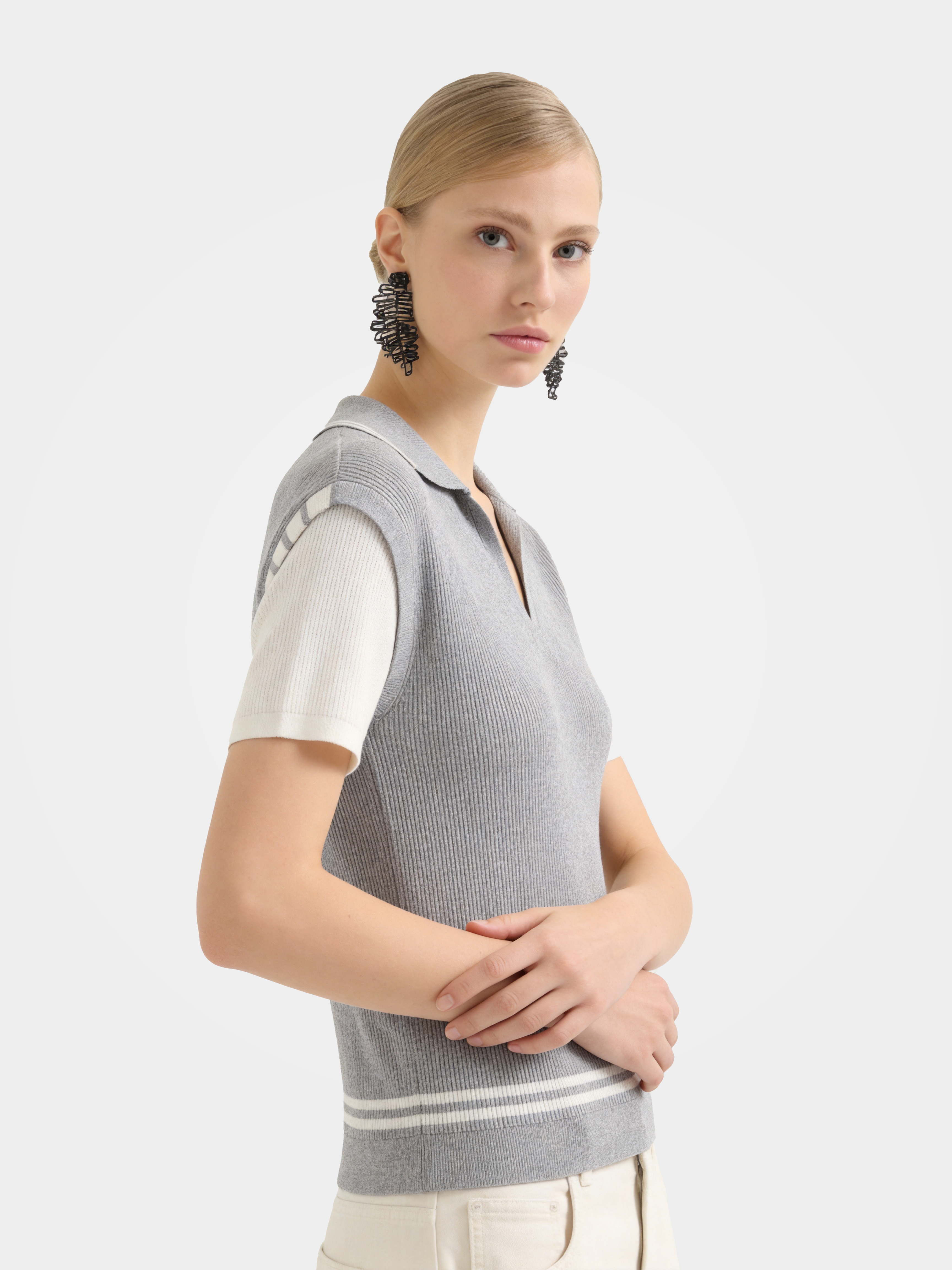 Gray Cotton Colorblock Knit Polo Sweater