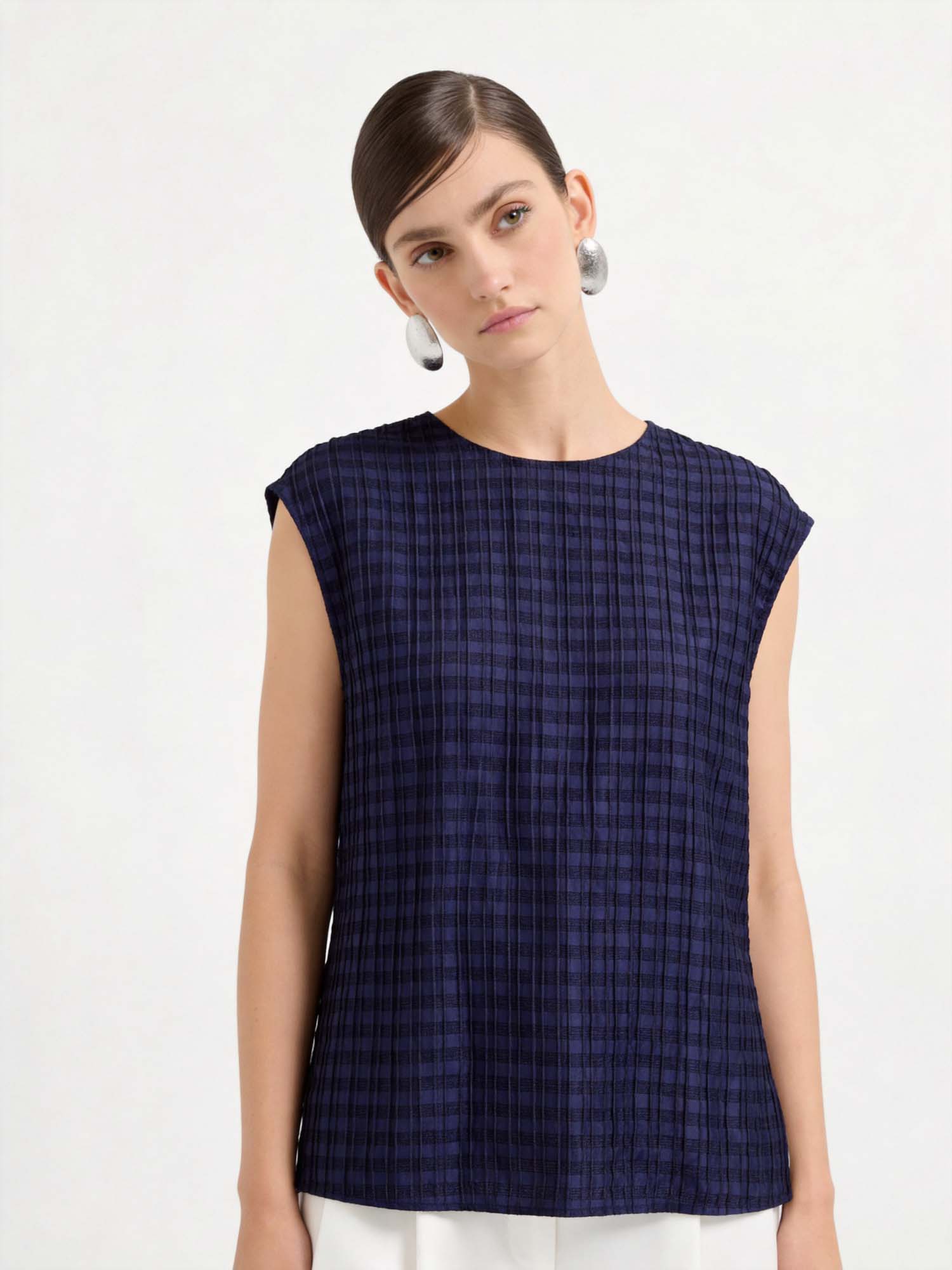 Navy Silk Cap Sleeve Plaid Top | Elegant Silk Blouse