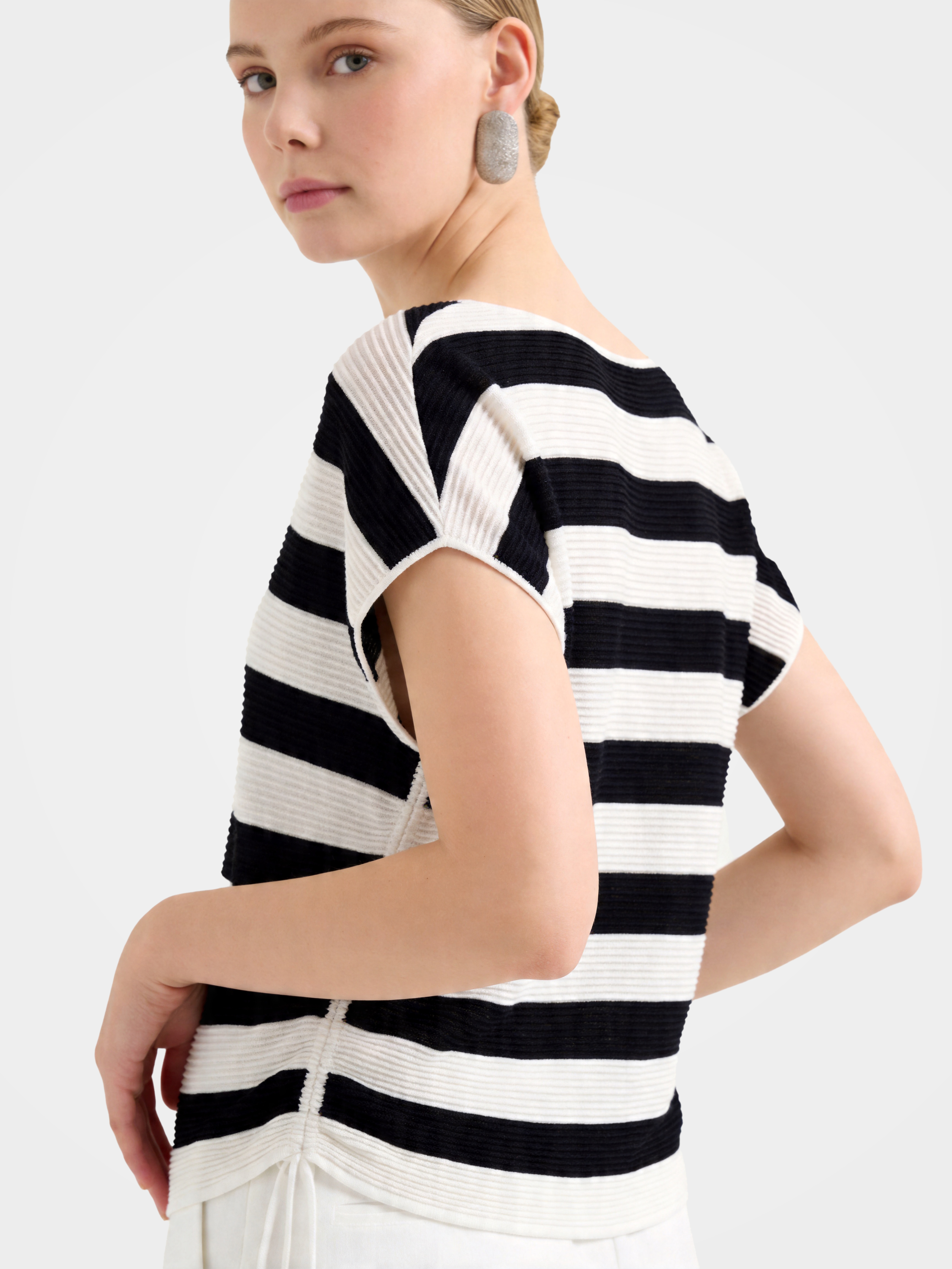 Drapey Tencel Blend Relaxed Stripe Cap Sleeve Knit Top