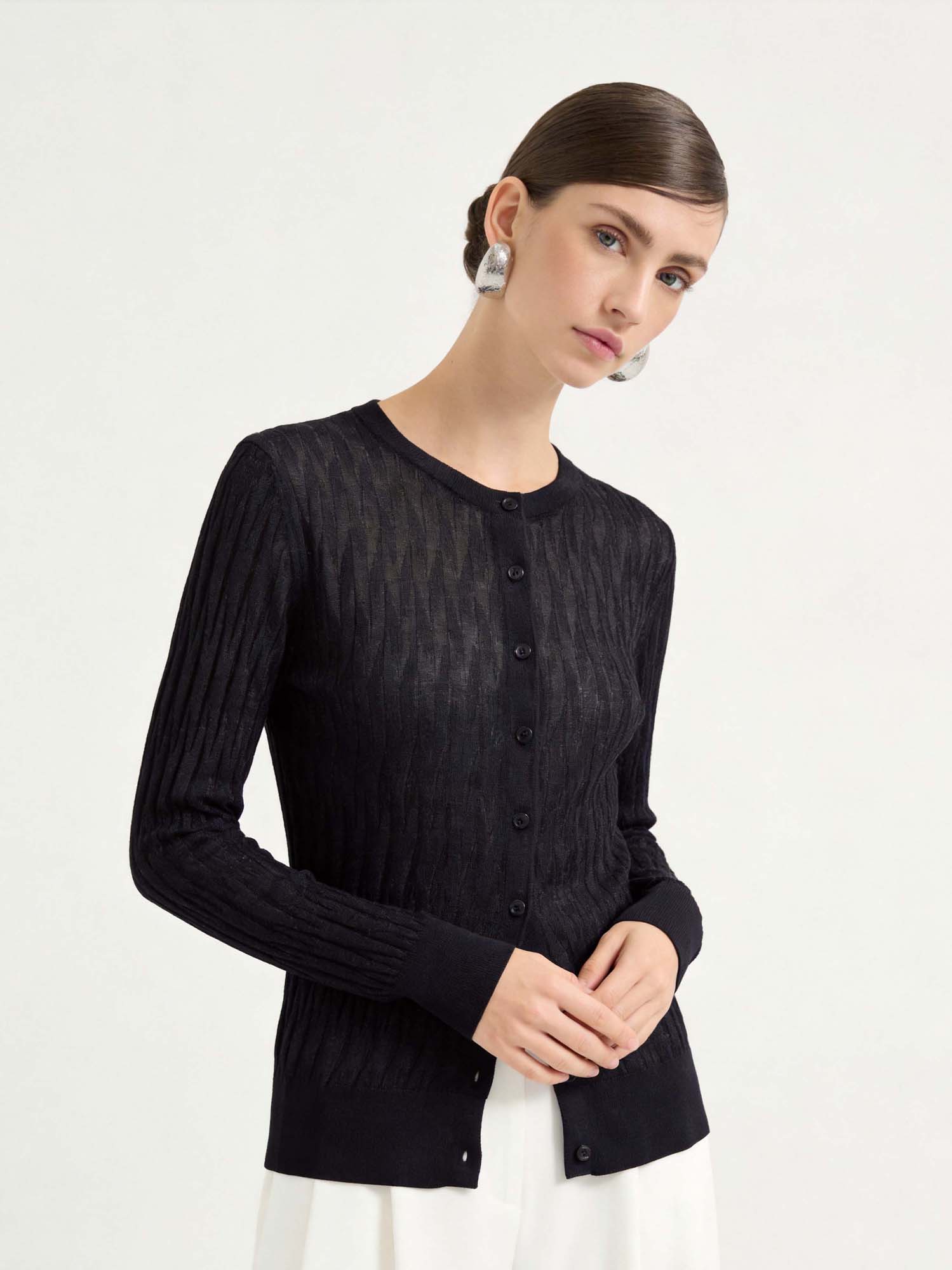 Black Tencel Sheer Diamond Knit Cardigan