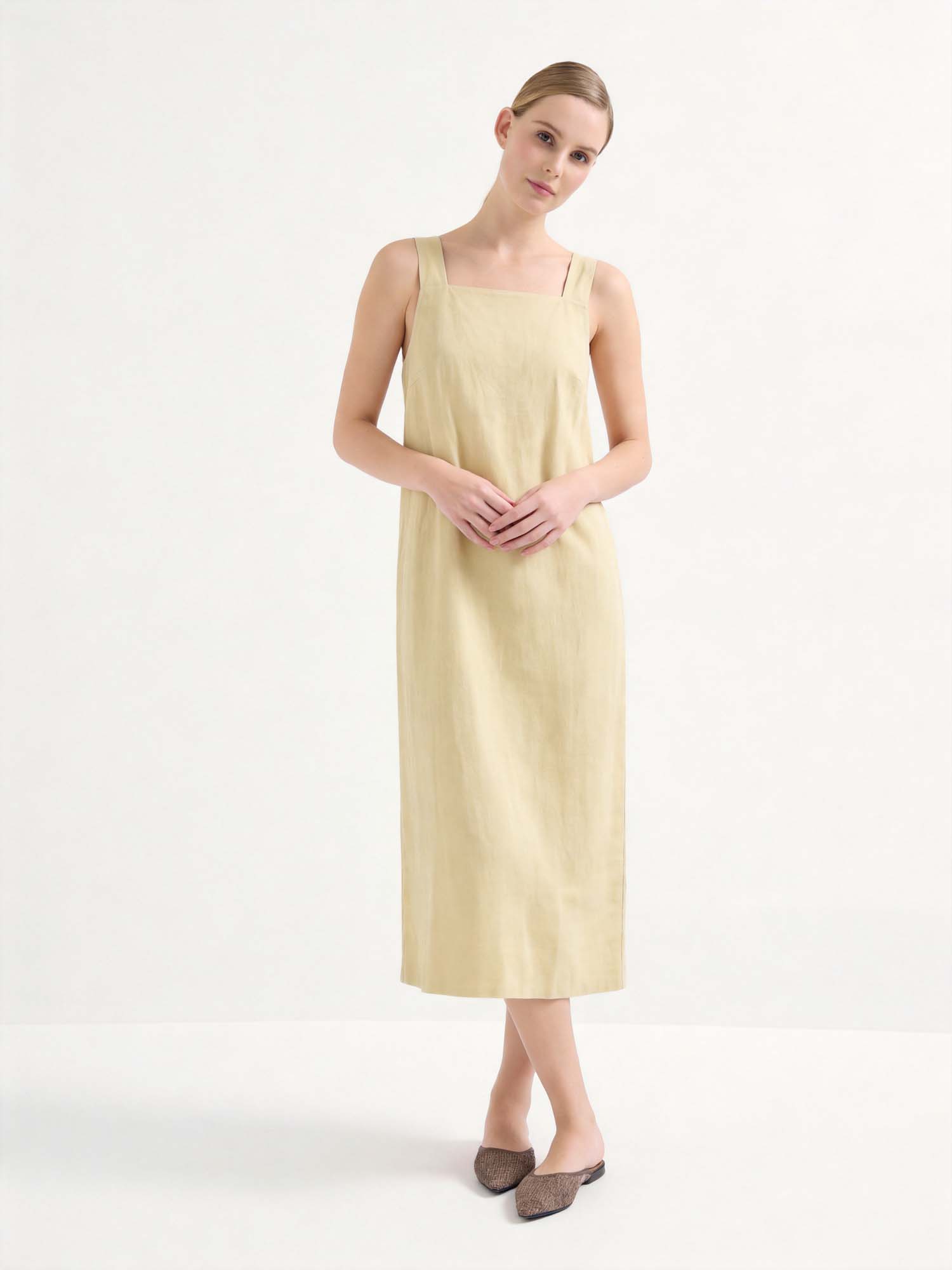 Beige Linen Square Neck Slip Midi Dress