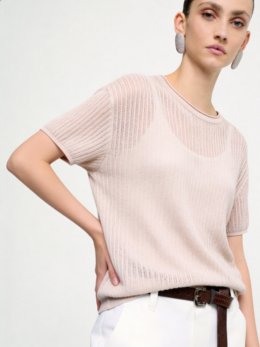 Cotton Short Sleeve Crew Neck Knit Top
