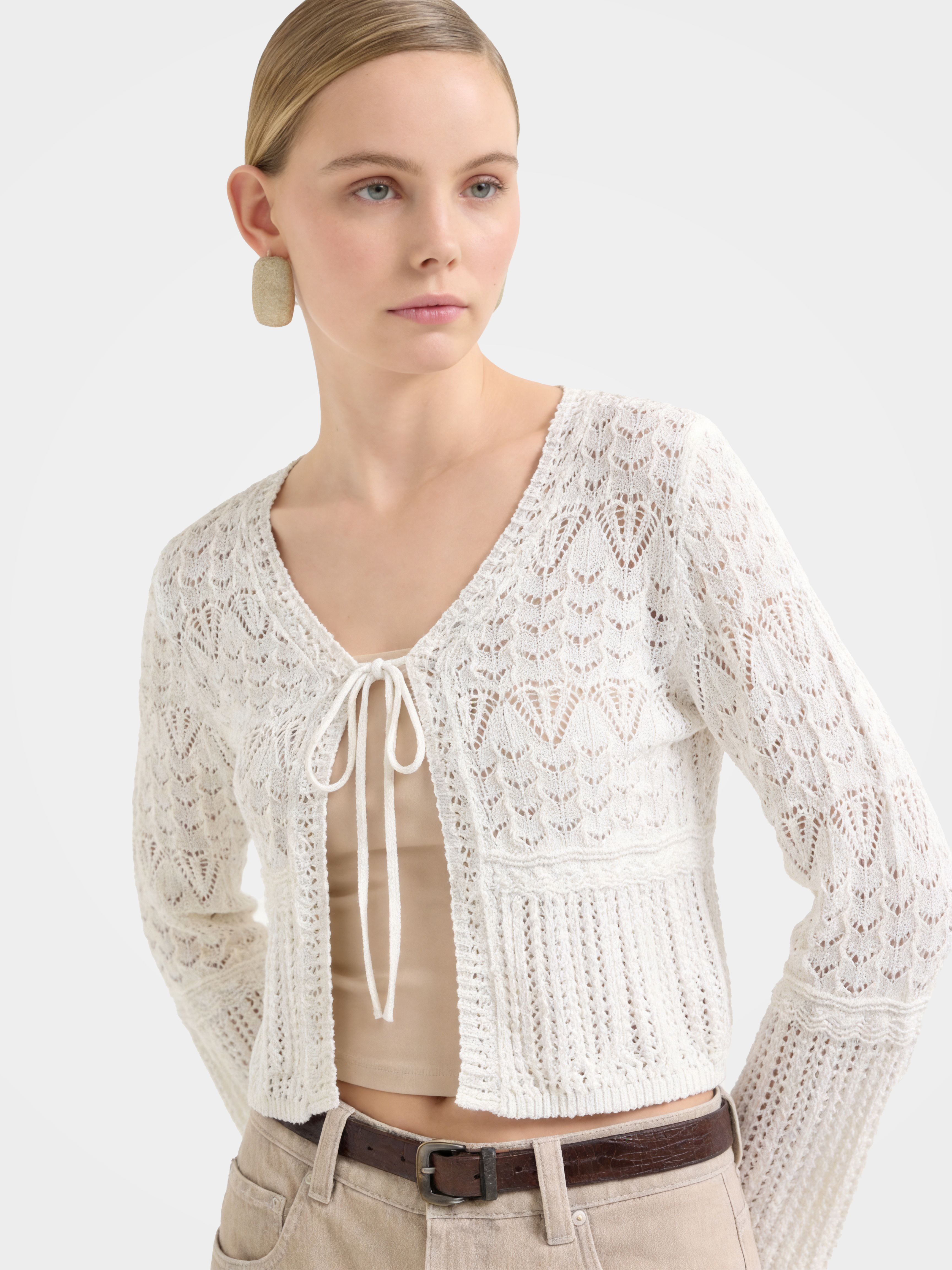 White Cotton Hollow Out Knit Cardigan