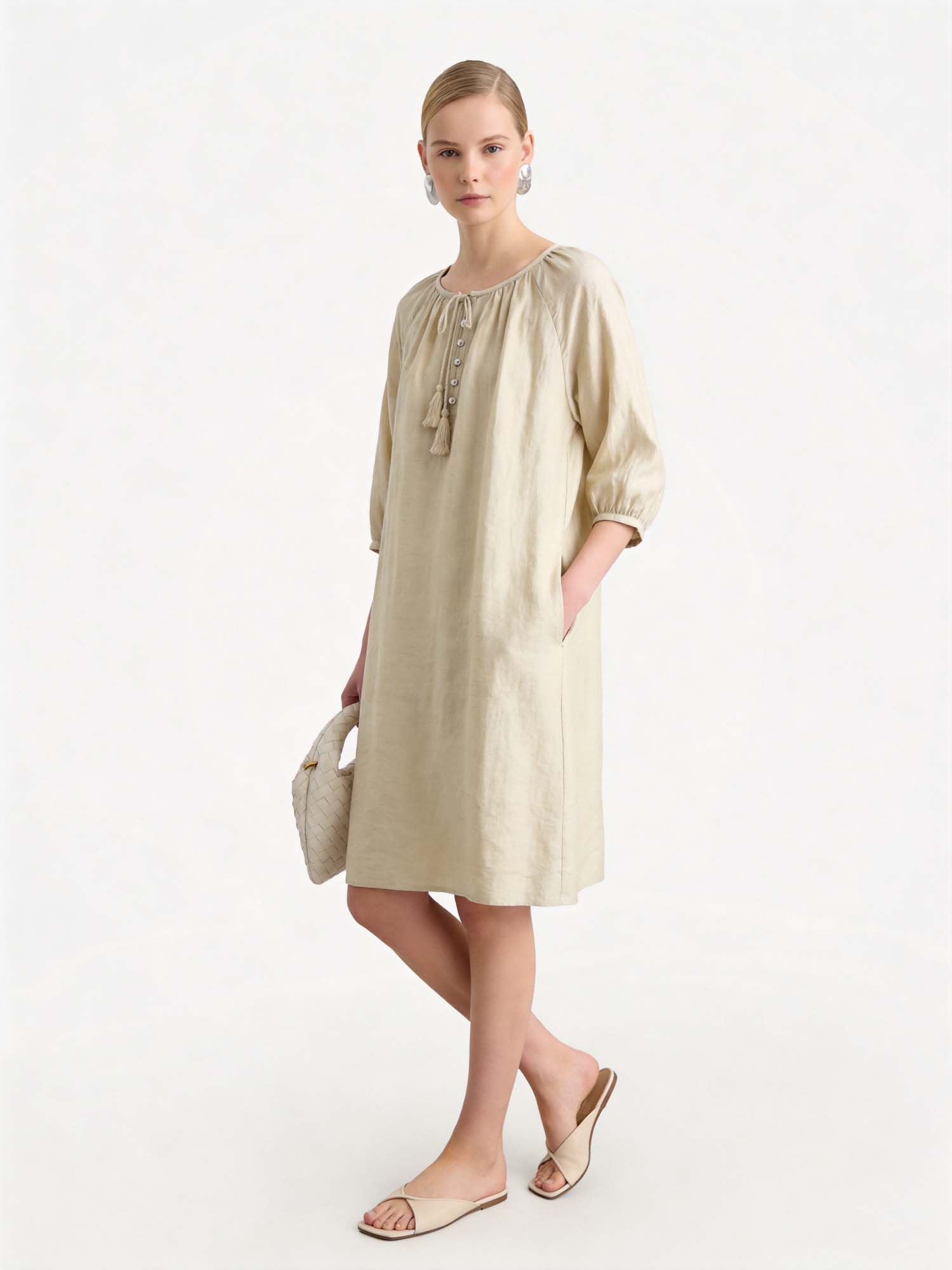 Green Tencel Crew Neck Midi Dress