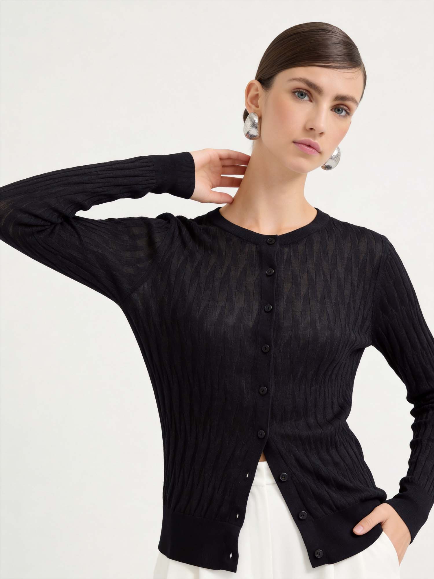 Black Tencel Sheer Diamond Knit Cardigan