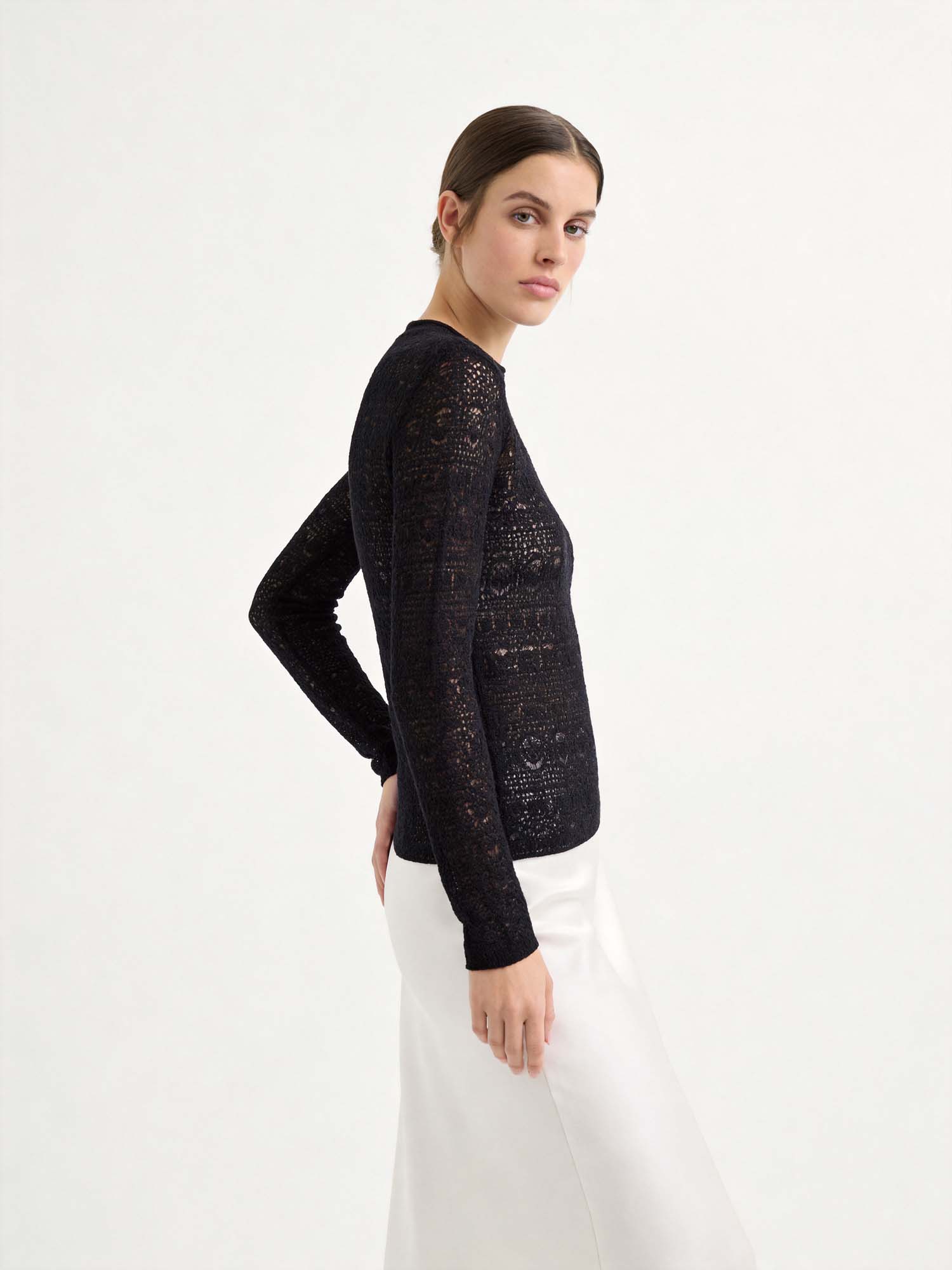 Black Wool-Silk Lace Long Sleeve Knit Sweater