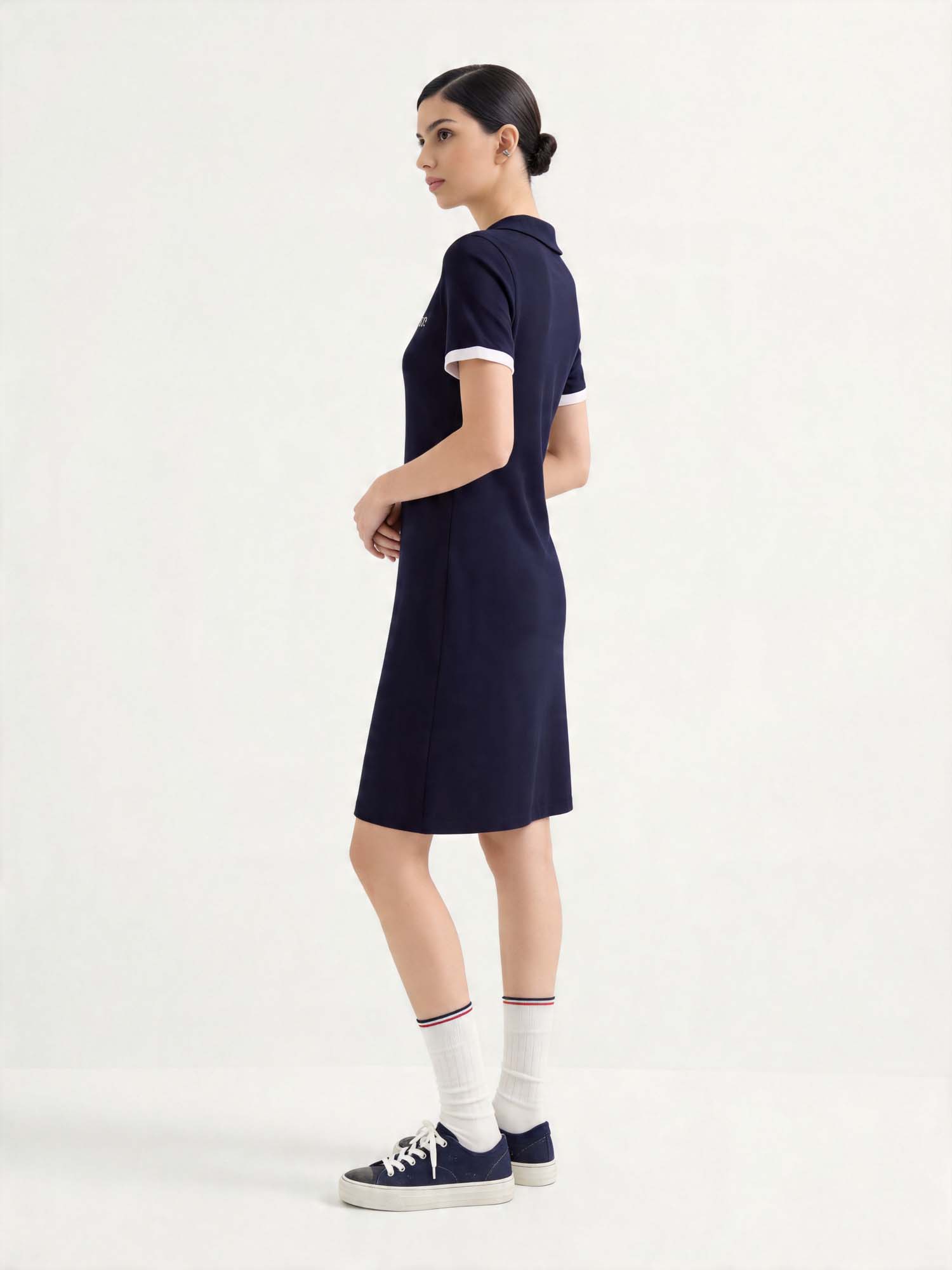 Navy Knit V-Polo Knee-Length Dress