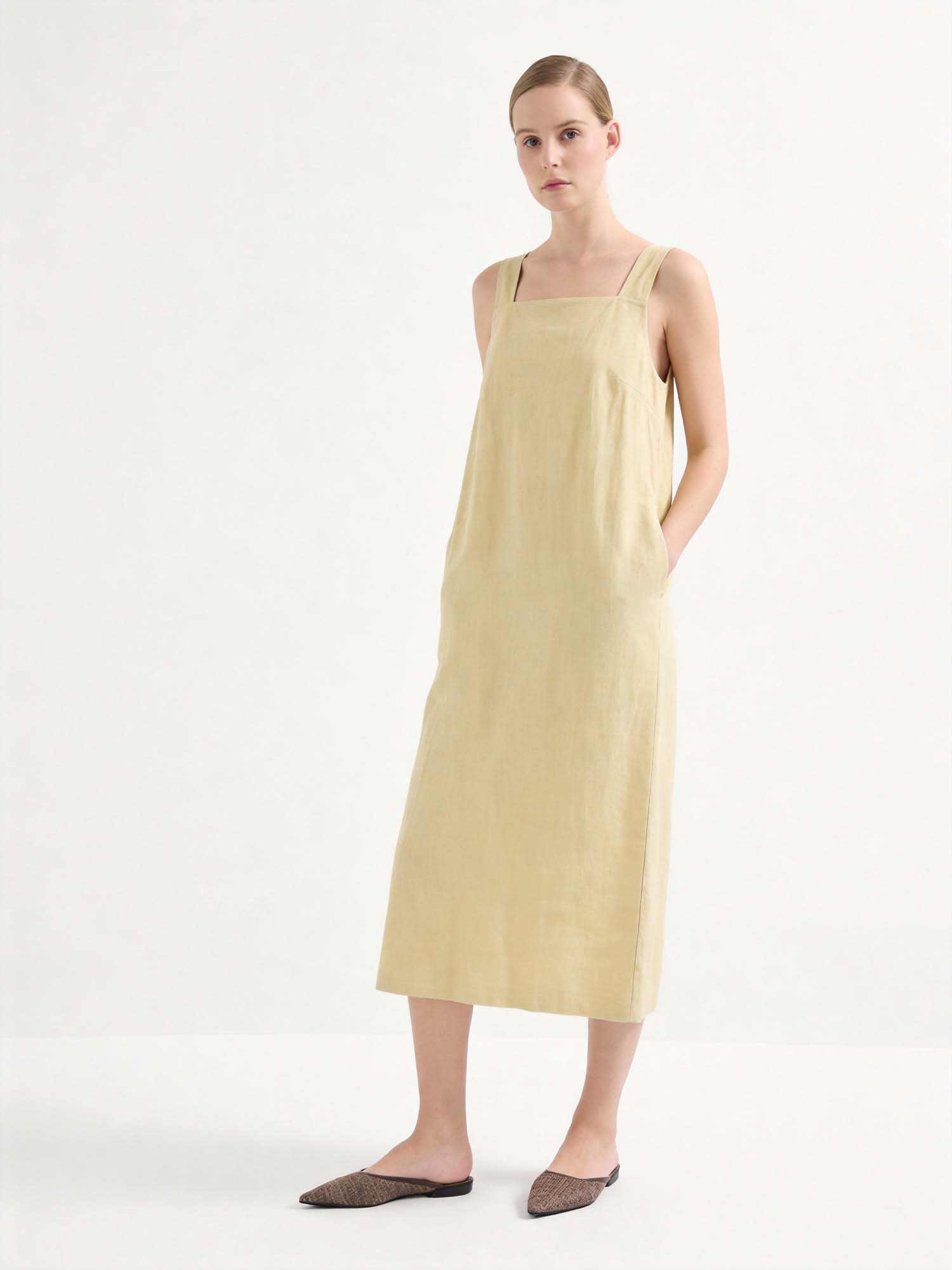 Beige Linen Square Neck Slip Midi Dress