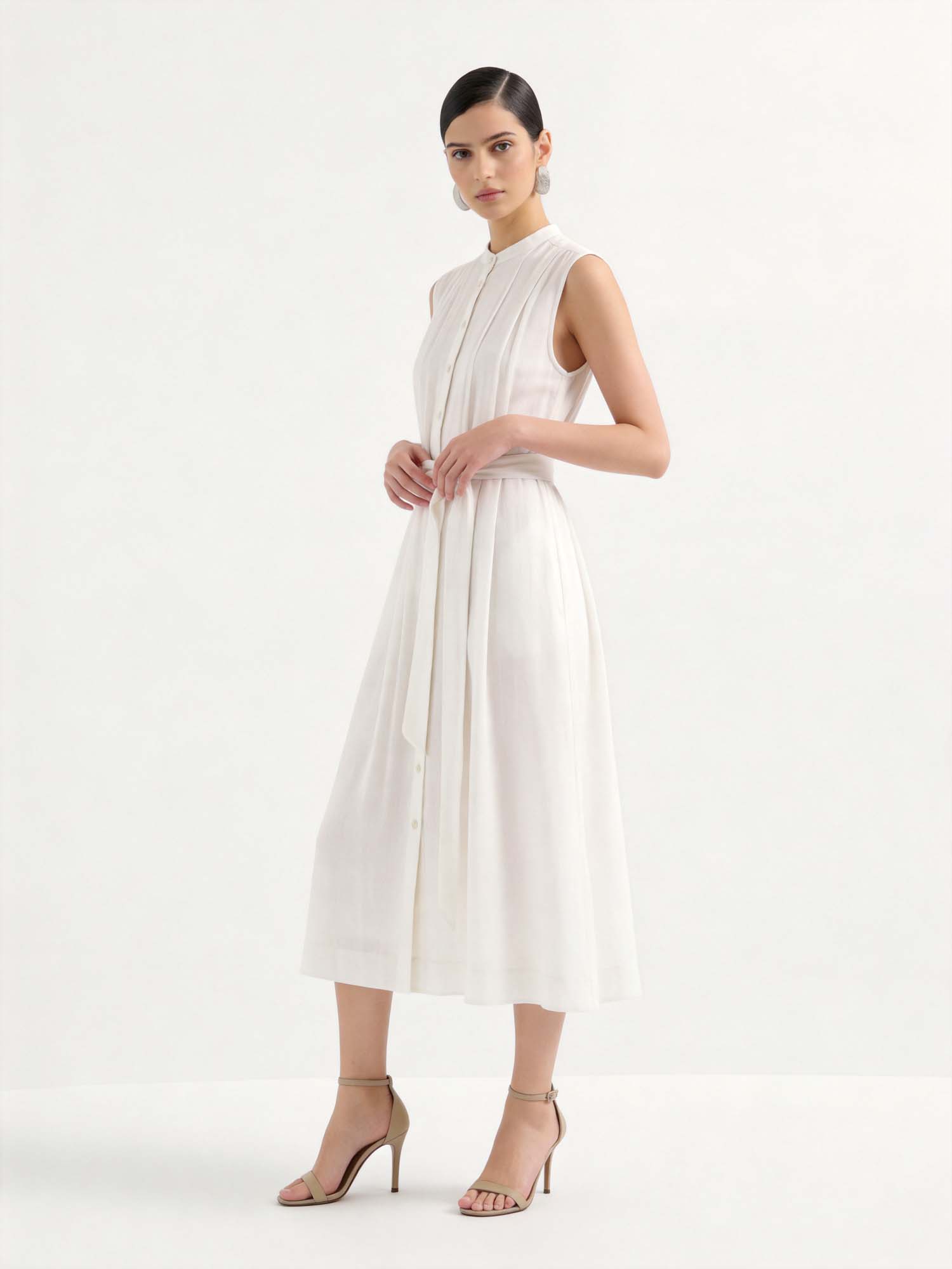 White Pleated Linen Tie-Waist Dress