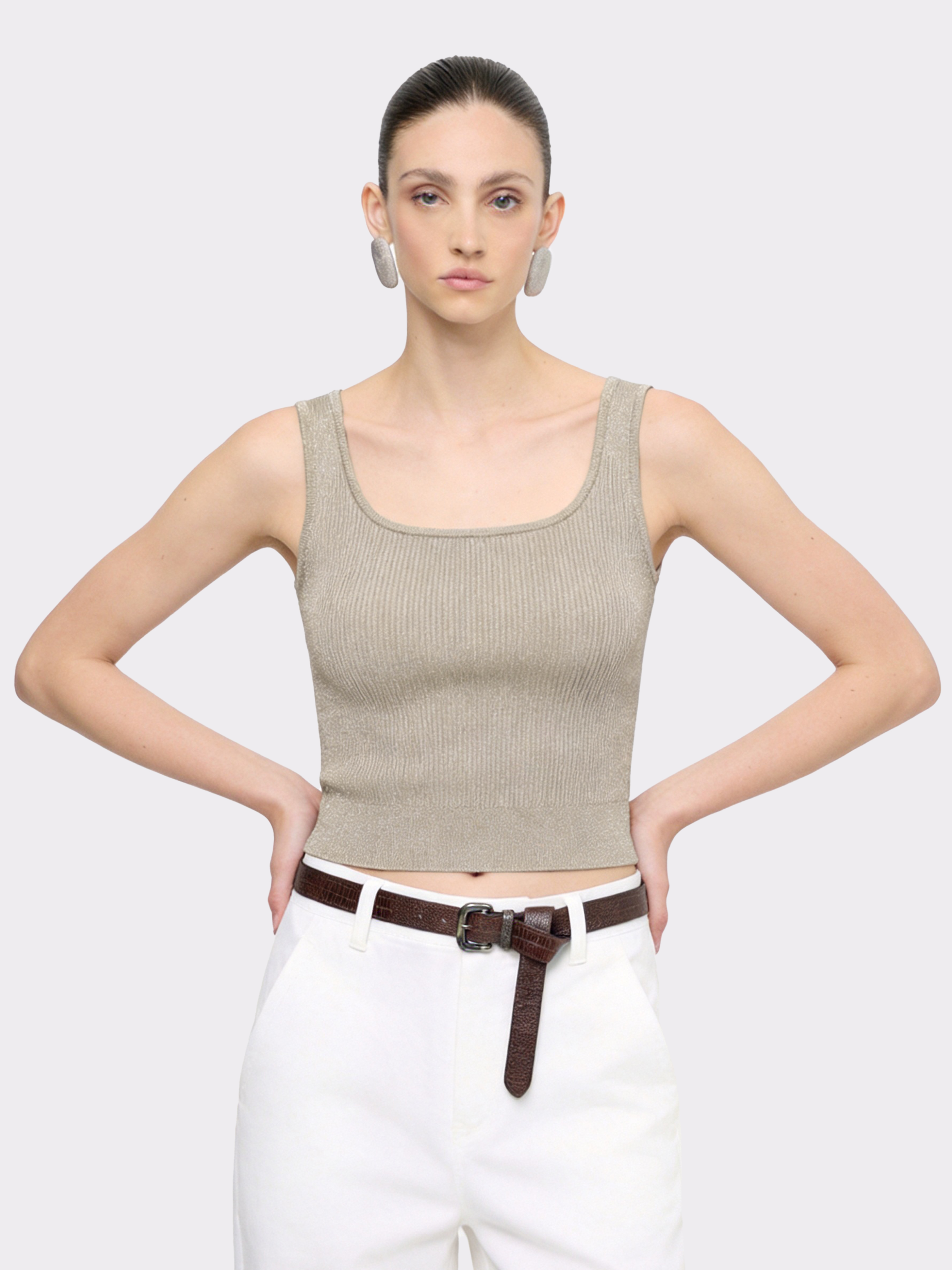 Beige Square Neck Tencel Knit Tank