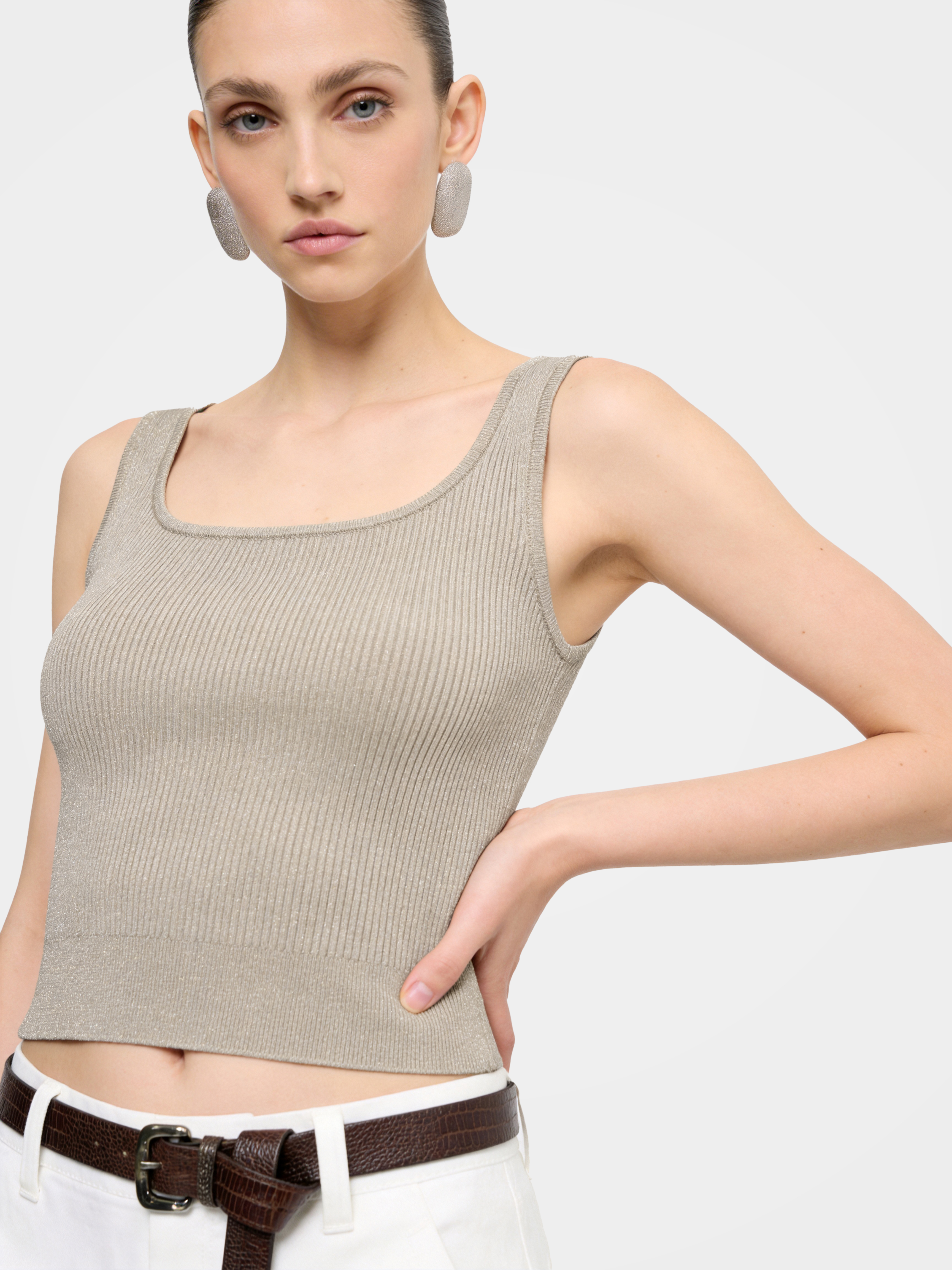 Shimmer Tencel Blend Ribbed Knit Tank Top