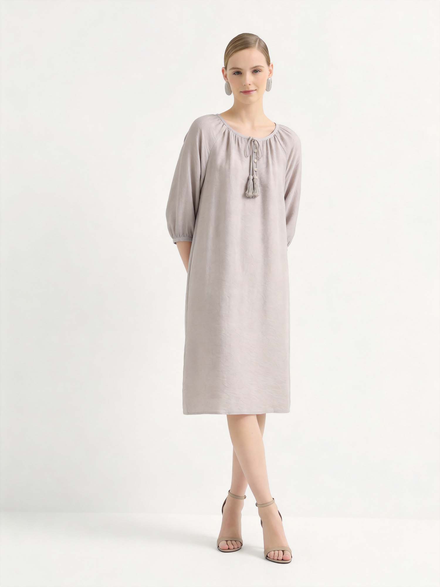 Green Tencel Crew Neck Midi Dress