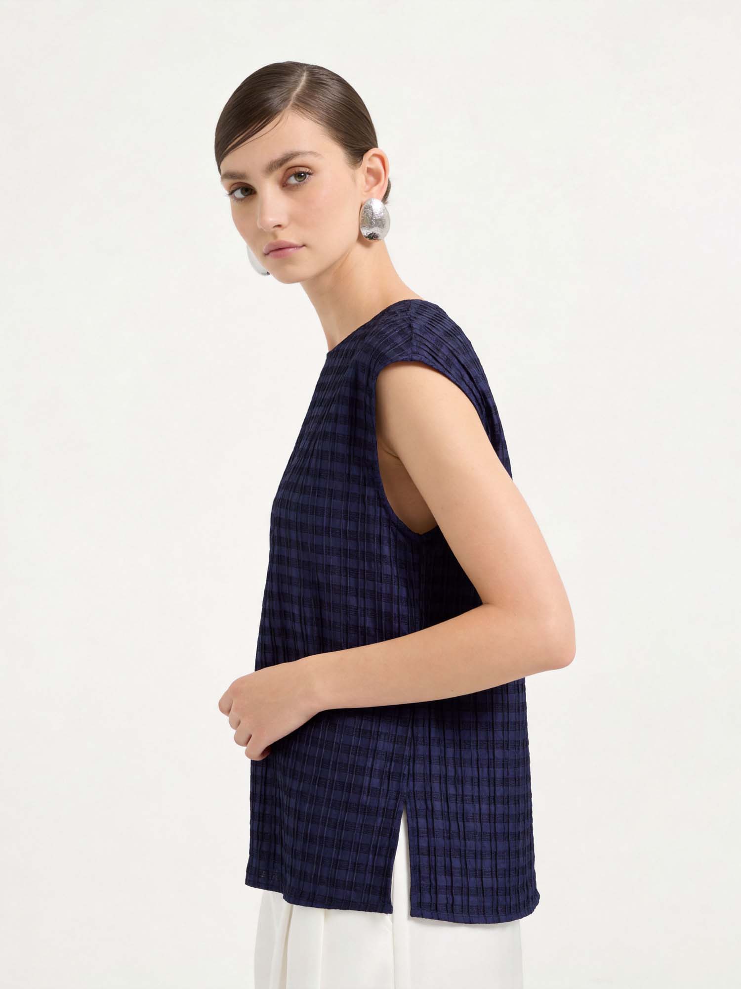 Navy Silk Cap Sleeve Plaid Top 