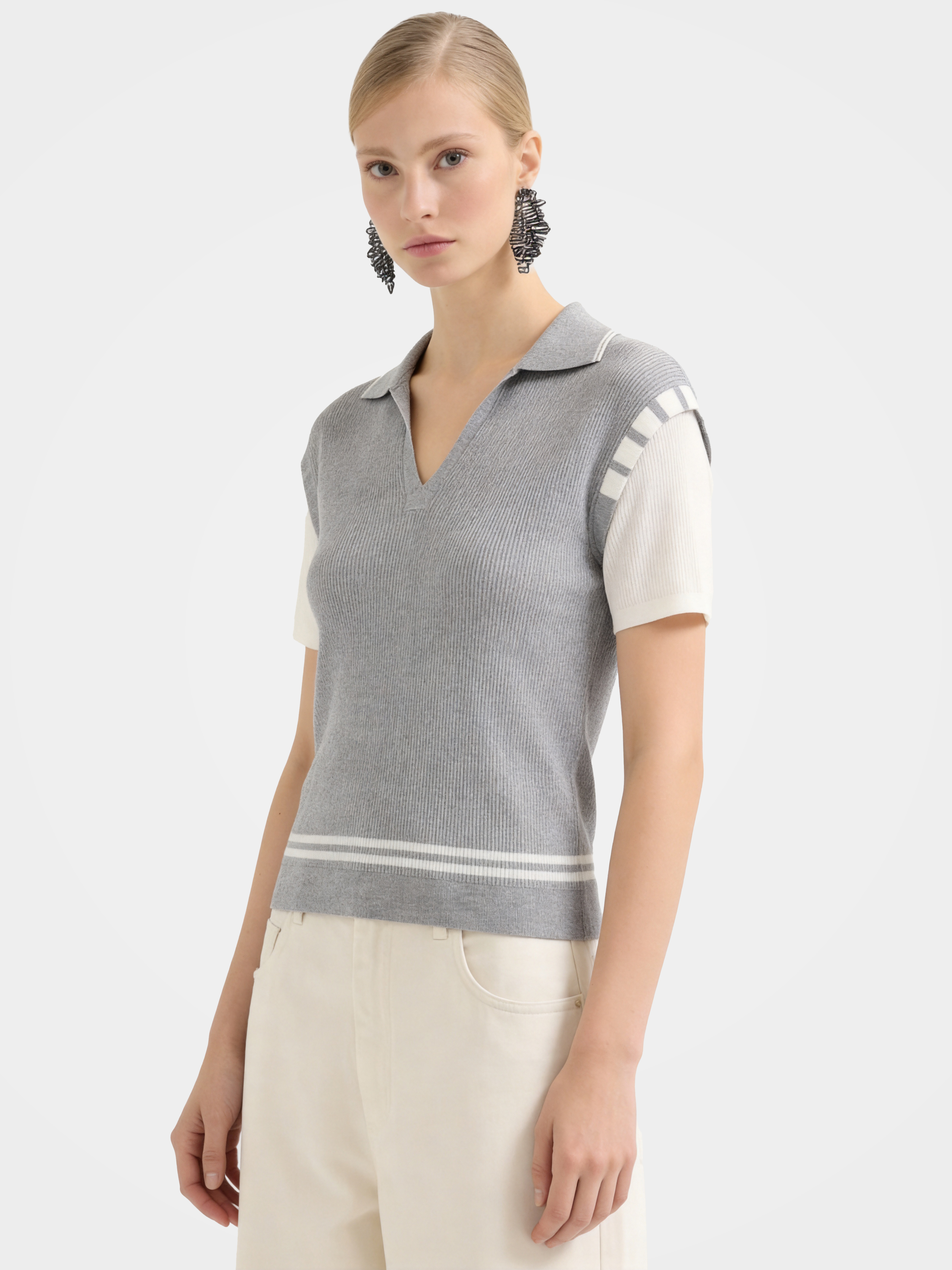 Gray Cotton Colorblock Knit Polo Sweater