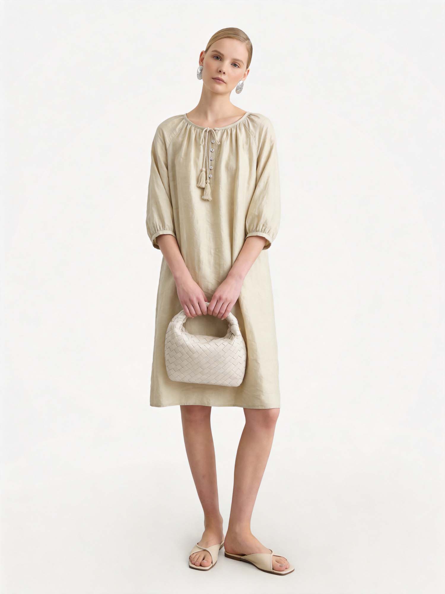 Green Tencel Crew Neck Midi Dress