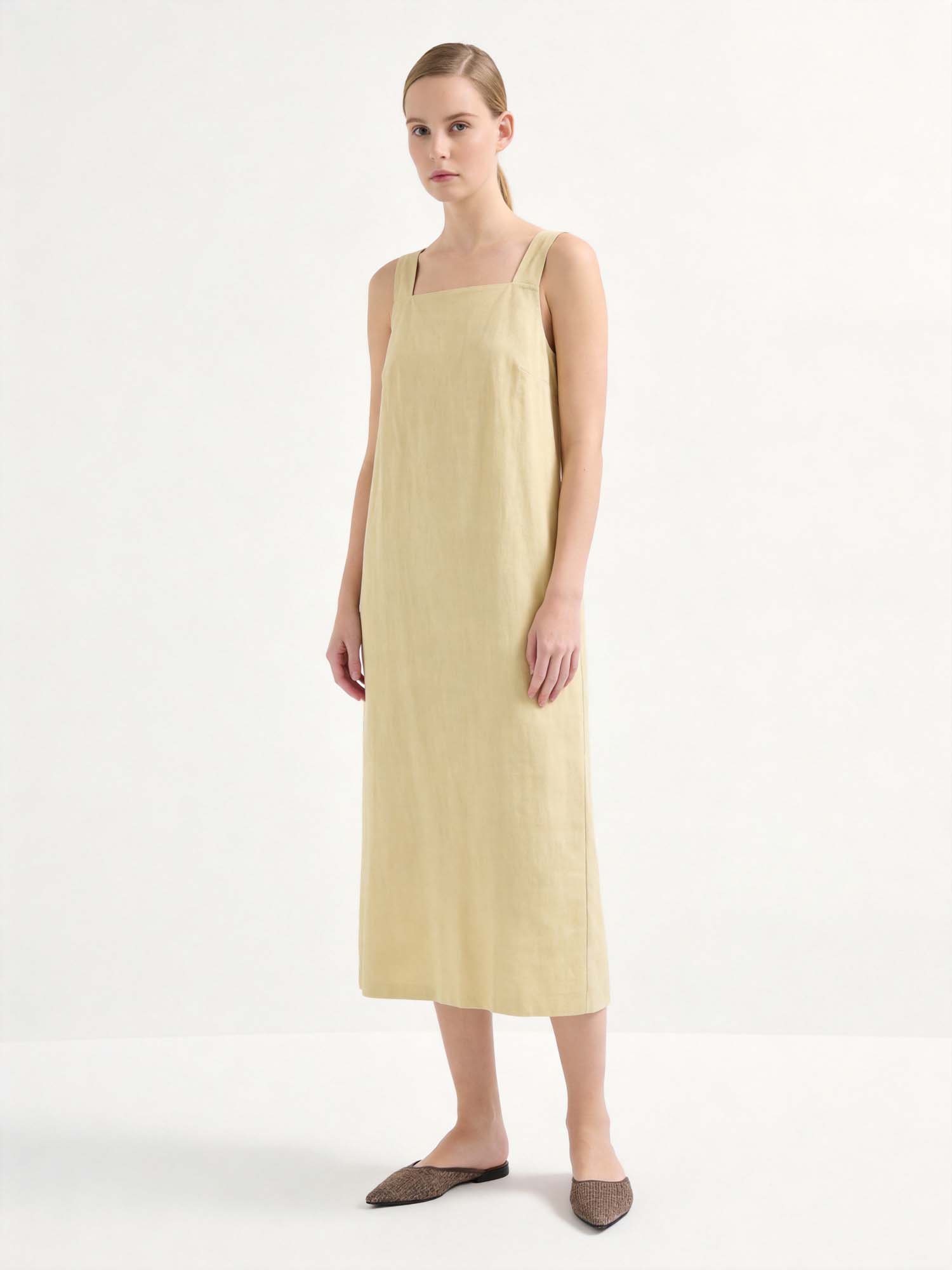 Beige Linen Square Neck Slip Midi Dress